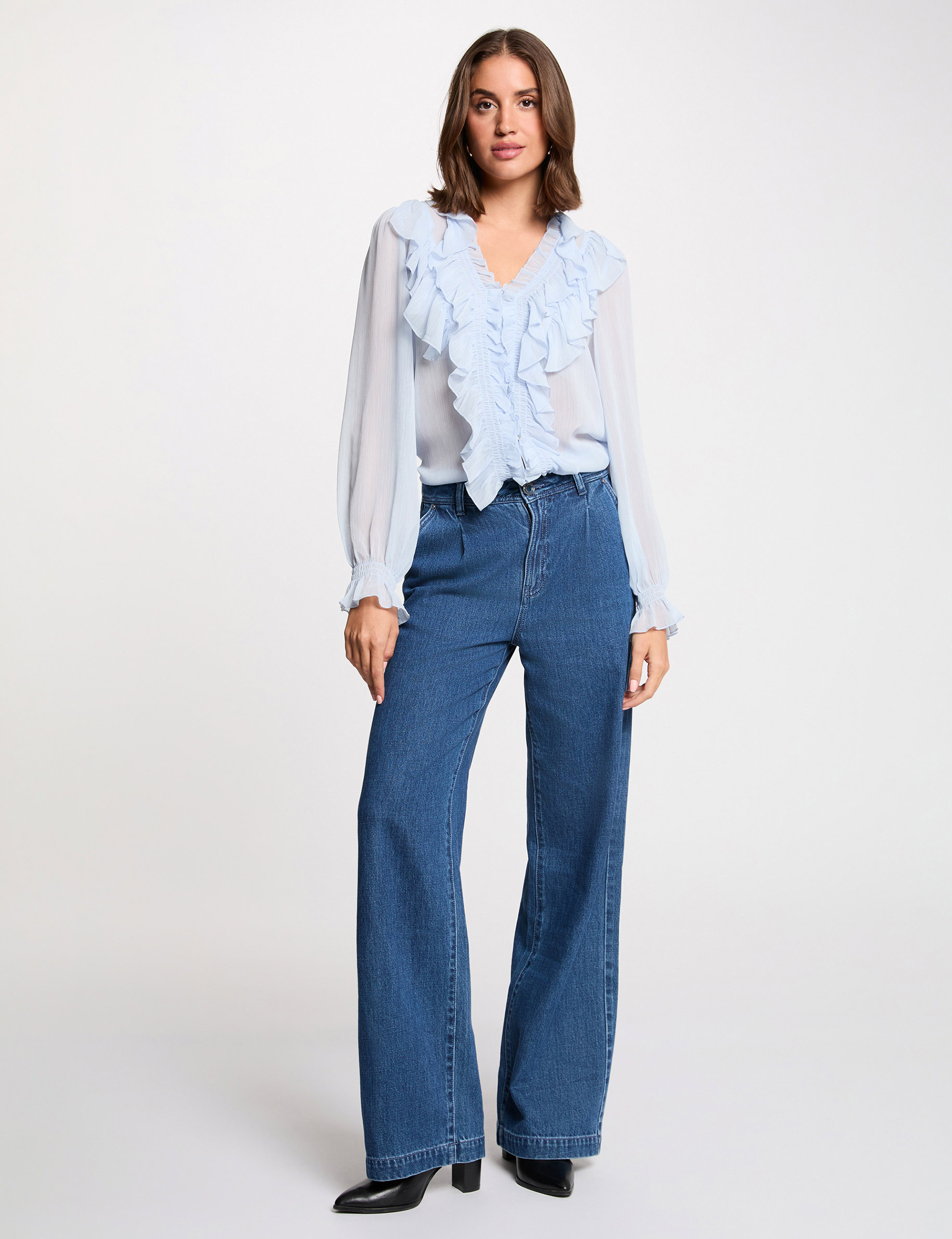 Chemise fluide col v bleu ciel femme