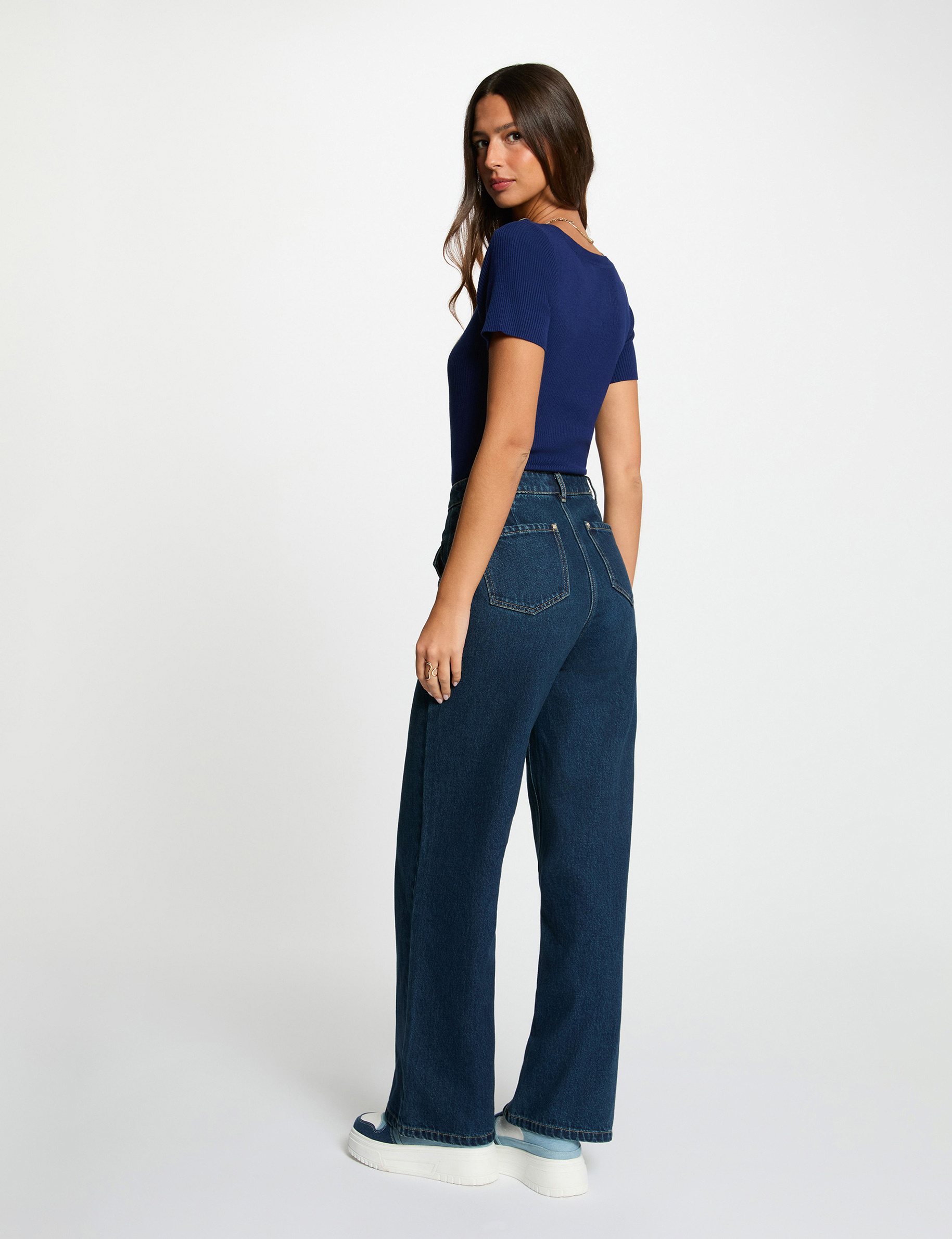 Pull col bateau et boutons bleu marine femme