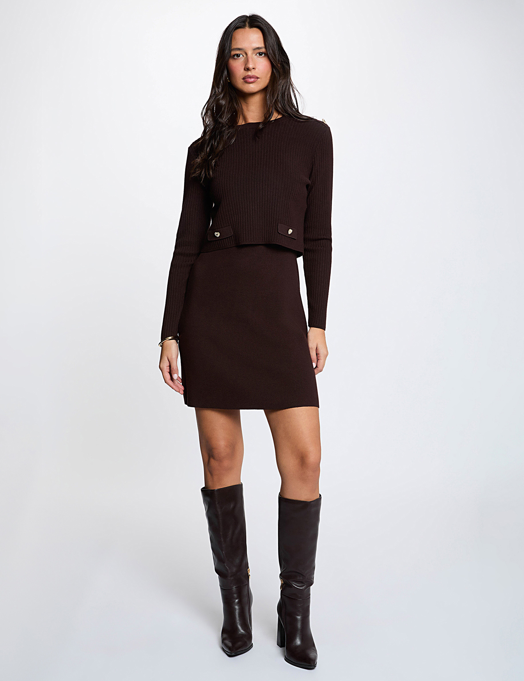 Robe tricot courte effet 2-en-1 marron fonc&eacute; femme