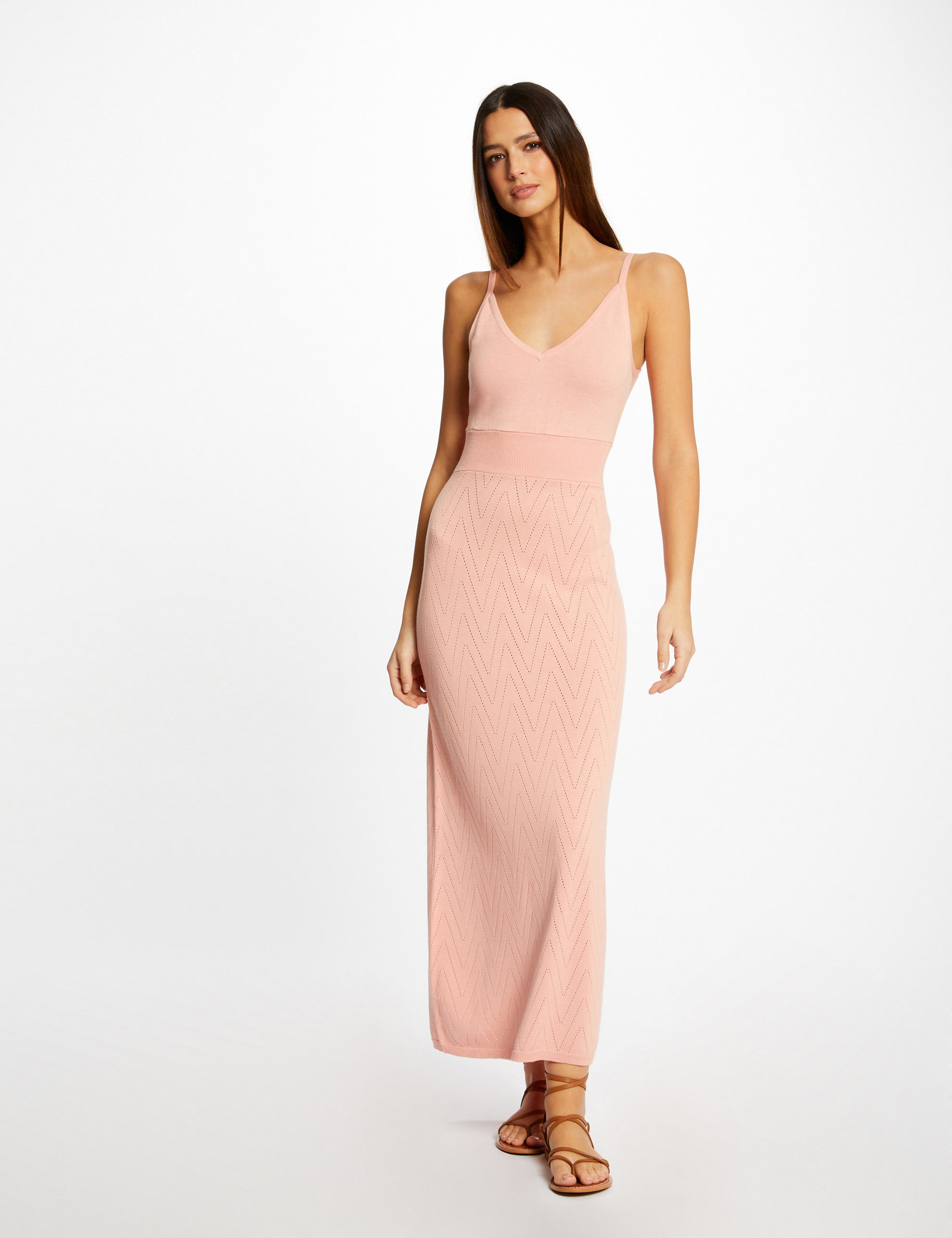 Robe pull longue ajustée à bretelles rose moyen femme Robe pull longue ajustée à bretelles rose moyen femme