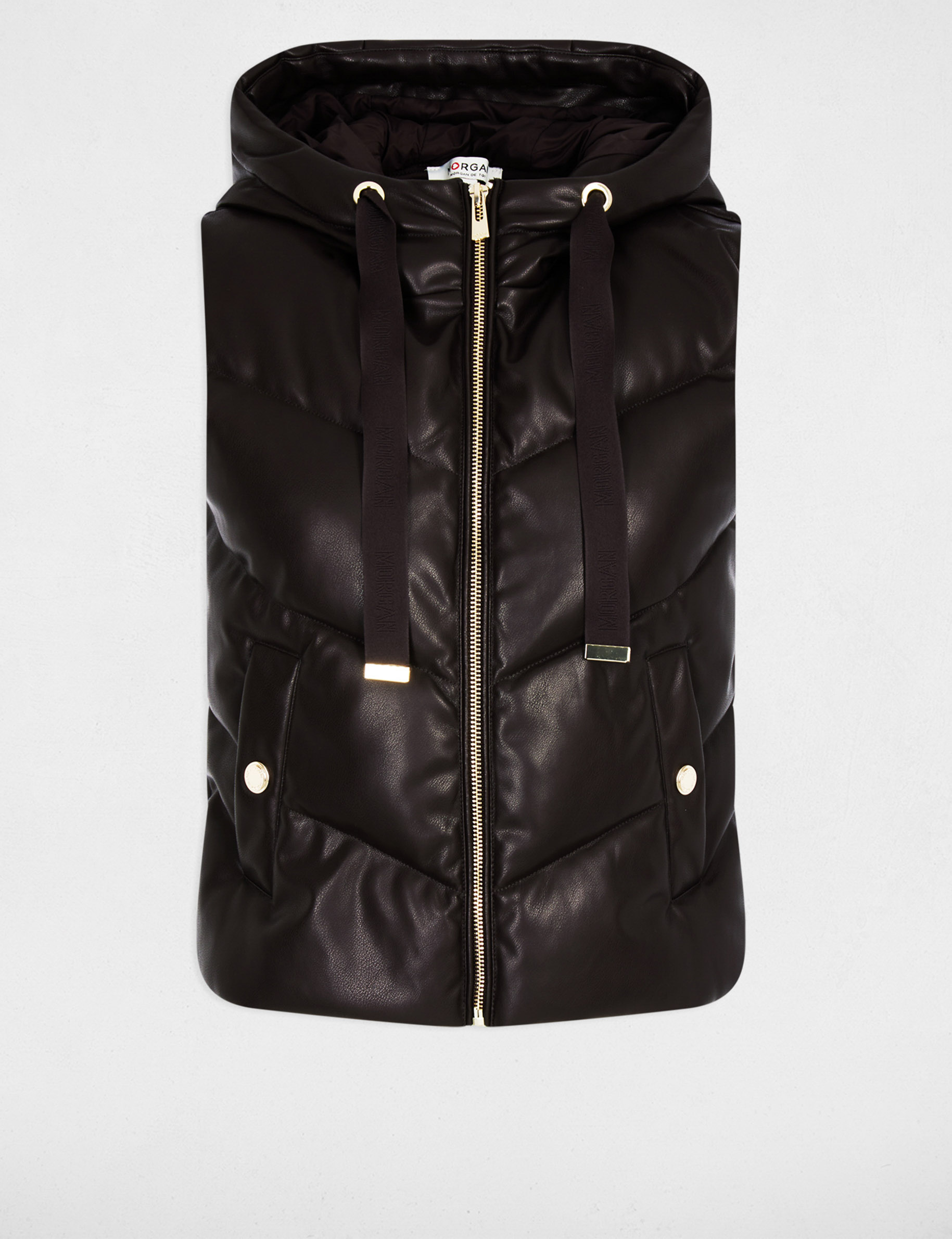 Doudoune droite &agrave; capuche simili cuir marron fonc&eacute; femme