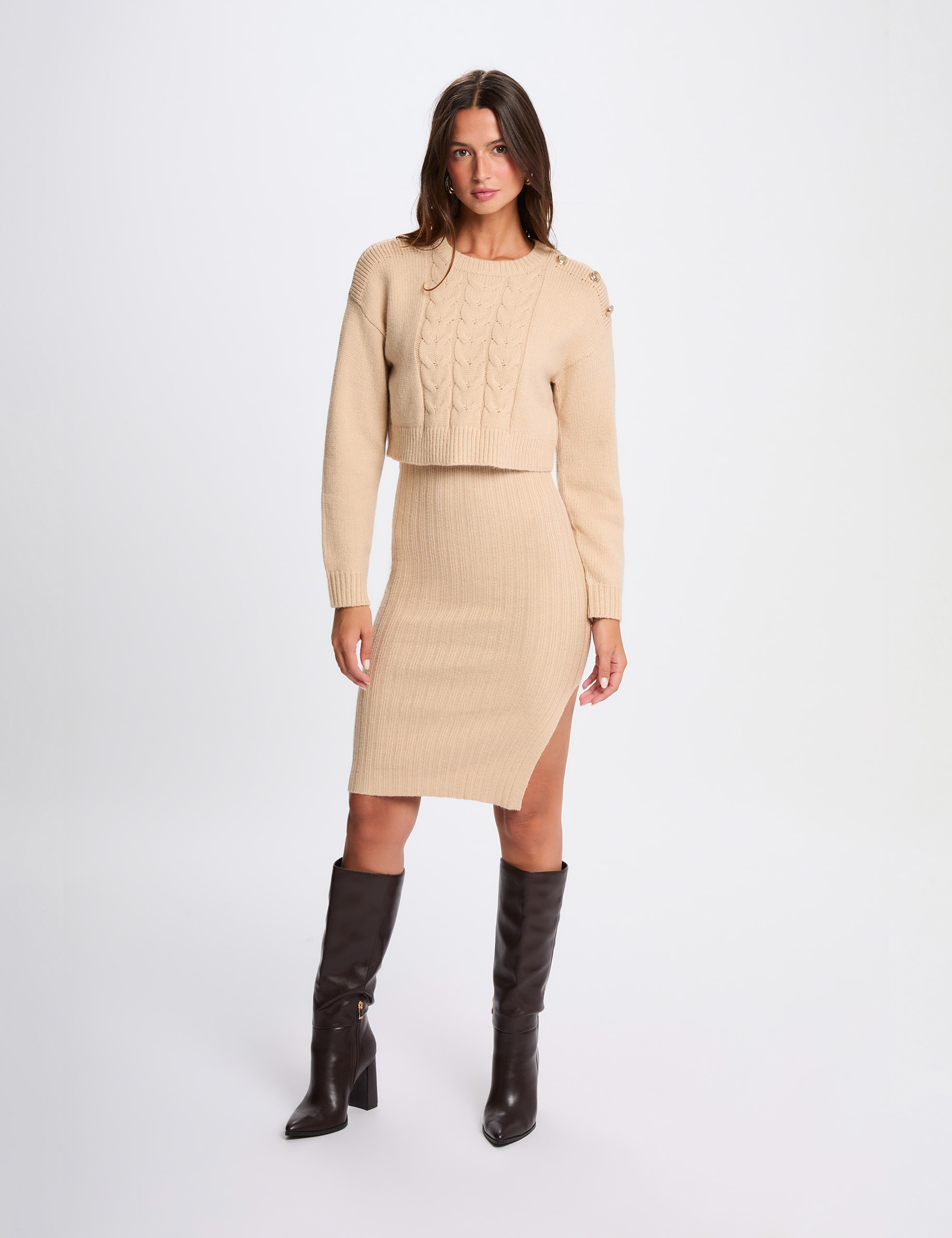 Robe tricot ajust&eacute;e 2-en-1 beige femme