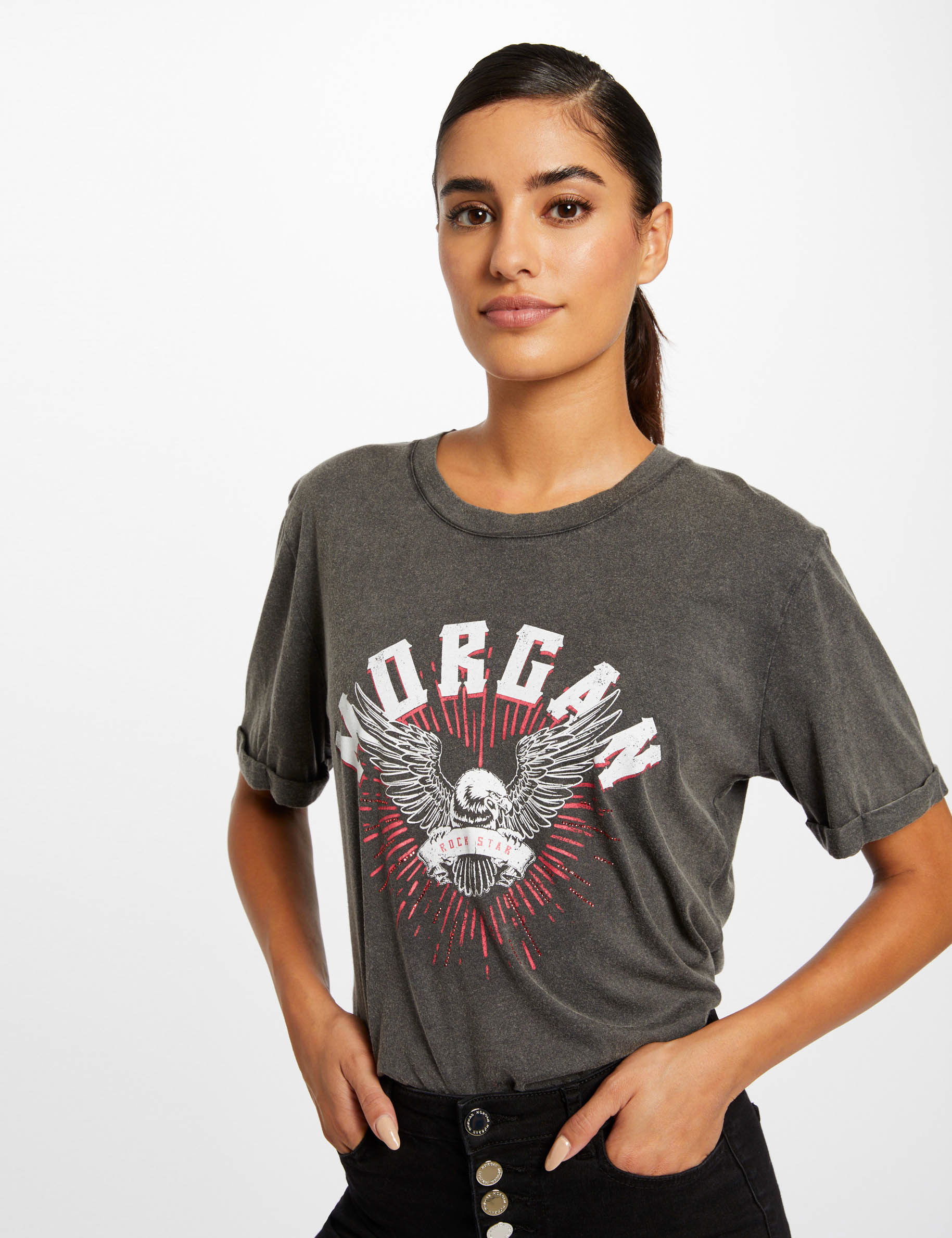 T-shirt manches courtes à inscription noir femme