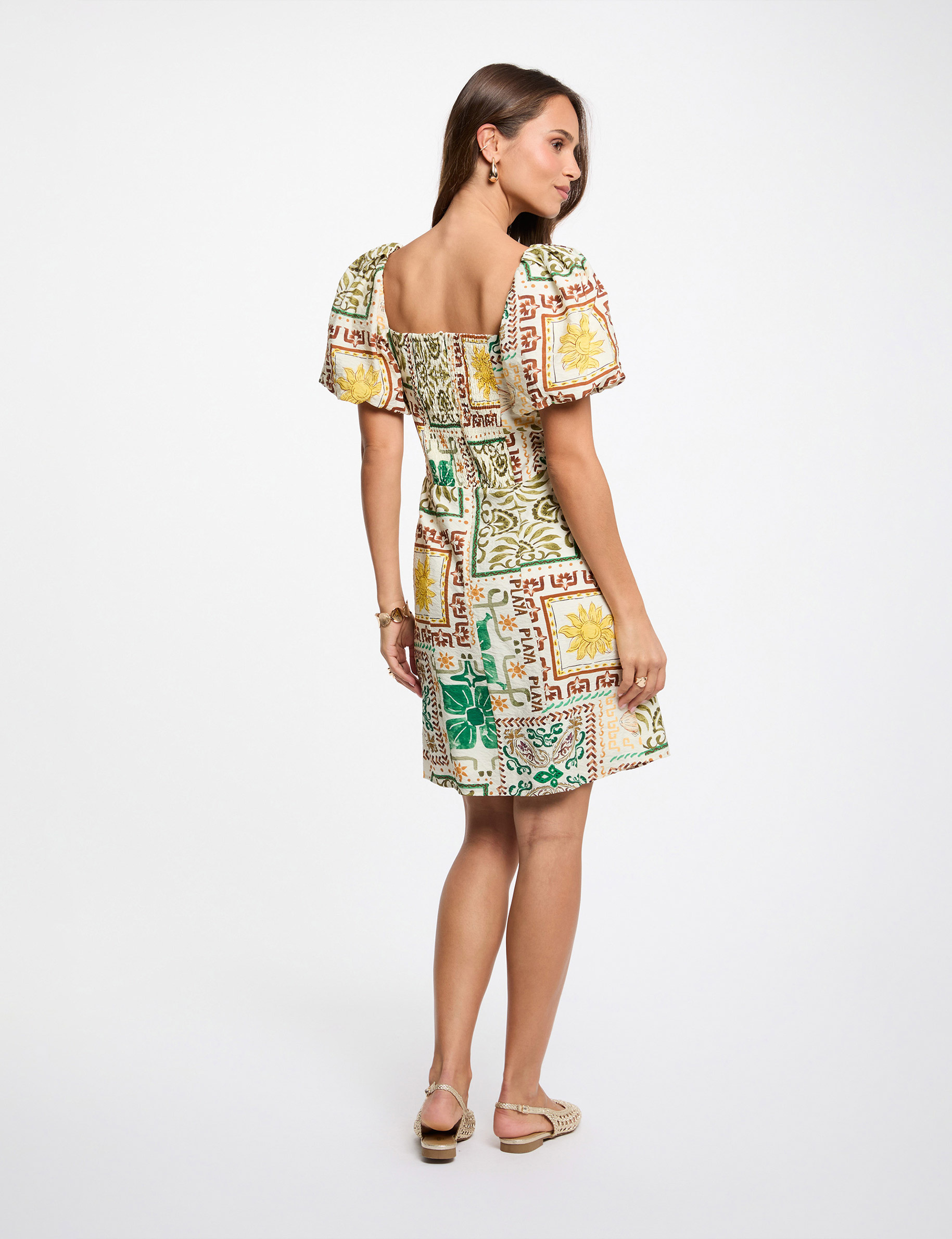 Robe courte manches bouffantes multicolore femme
