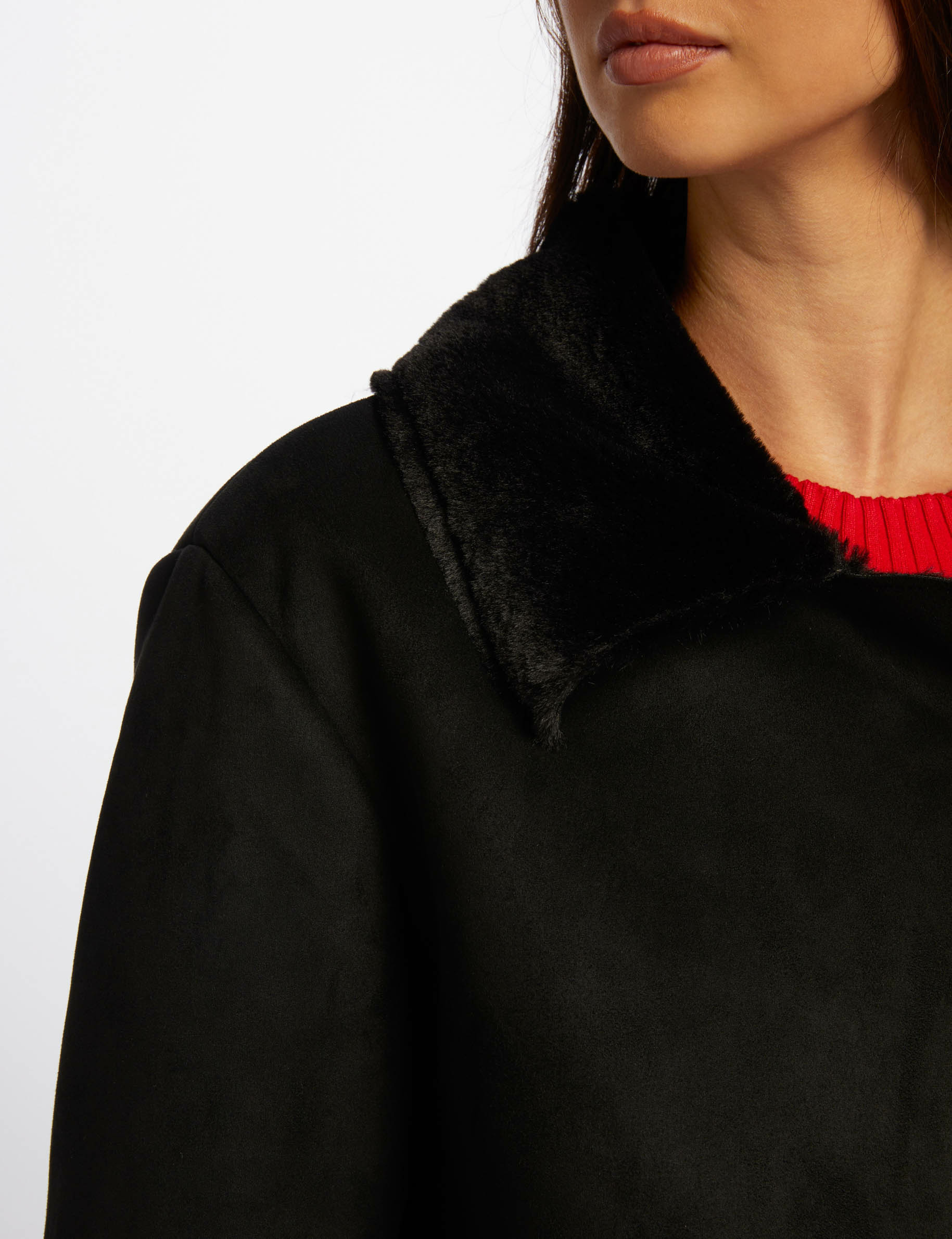 Manteau long su&eacute;dine noir femme
