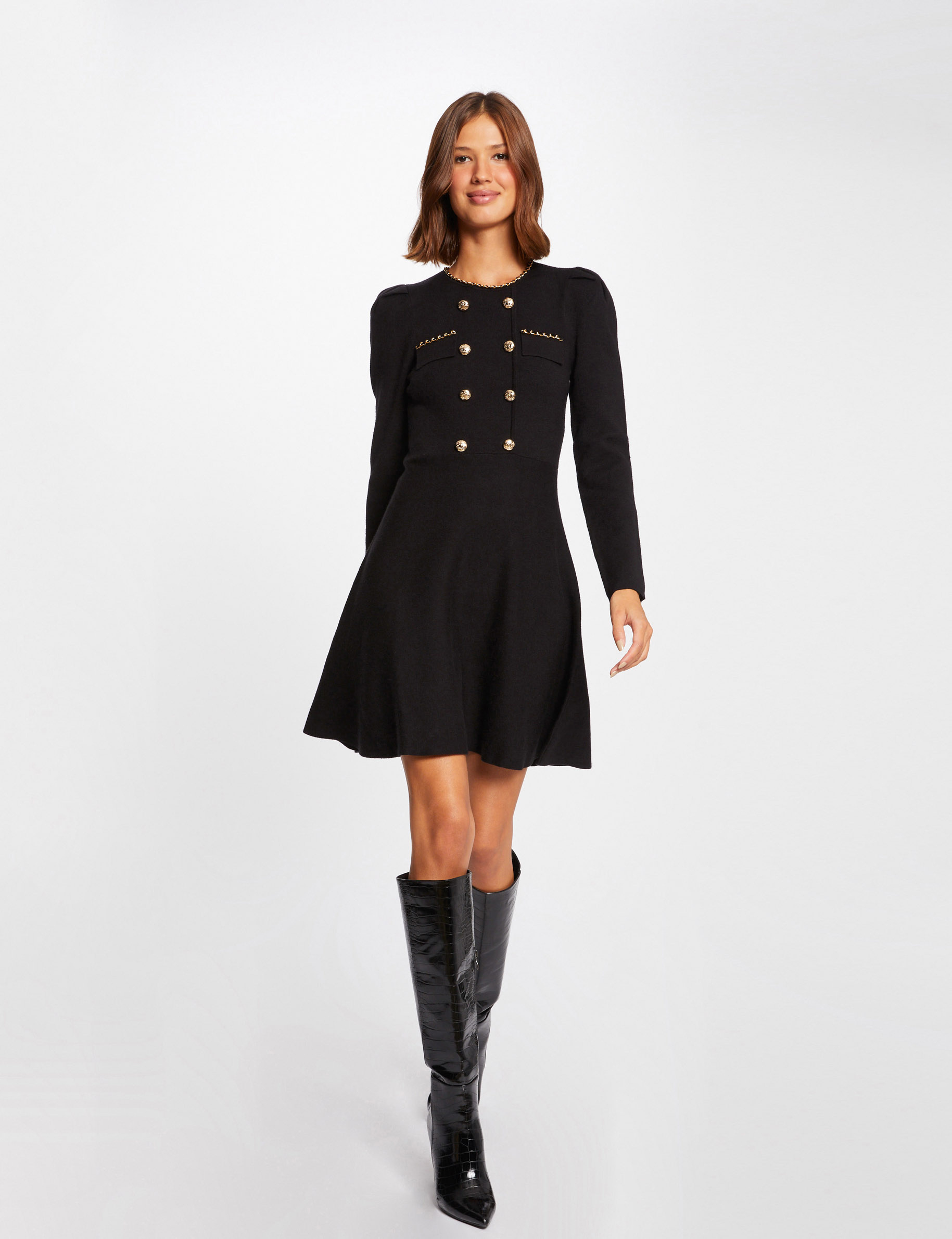 Robe tricot trap&egrave;ze avec boutons noir femme