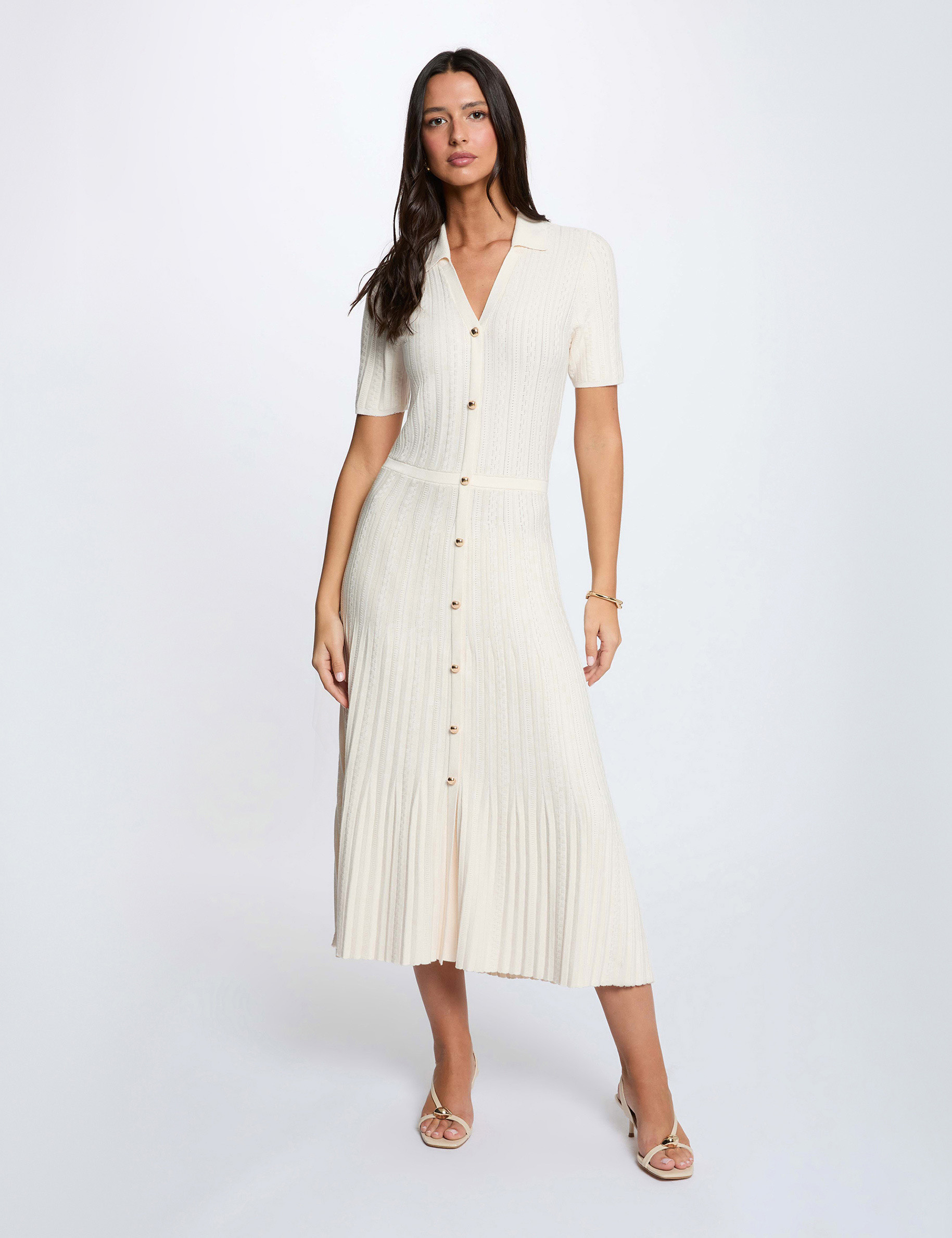Robe tricot col &agrave; revers ivoire femme