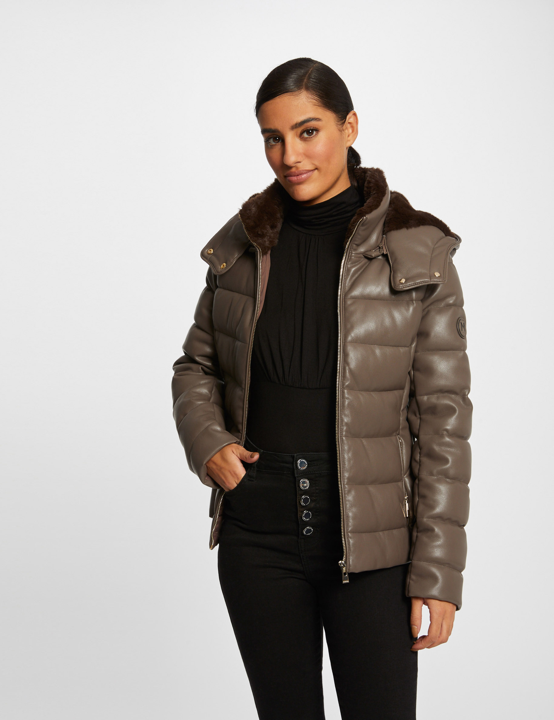 Doudoune droite à capuche taupe femme