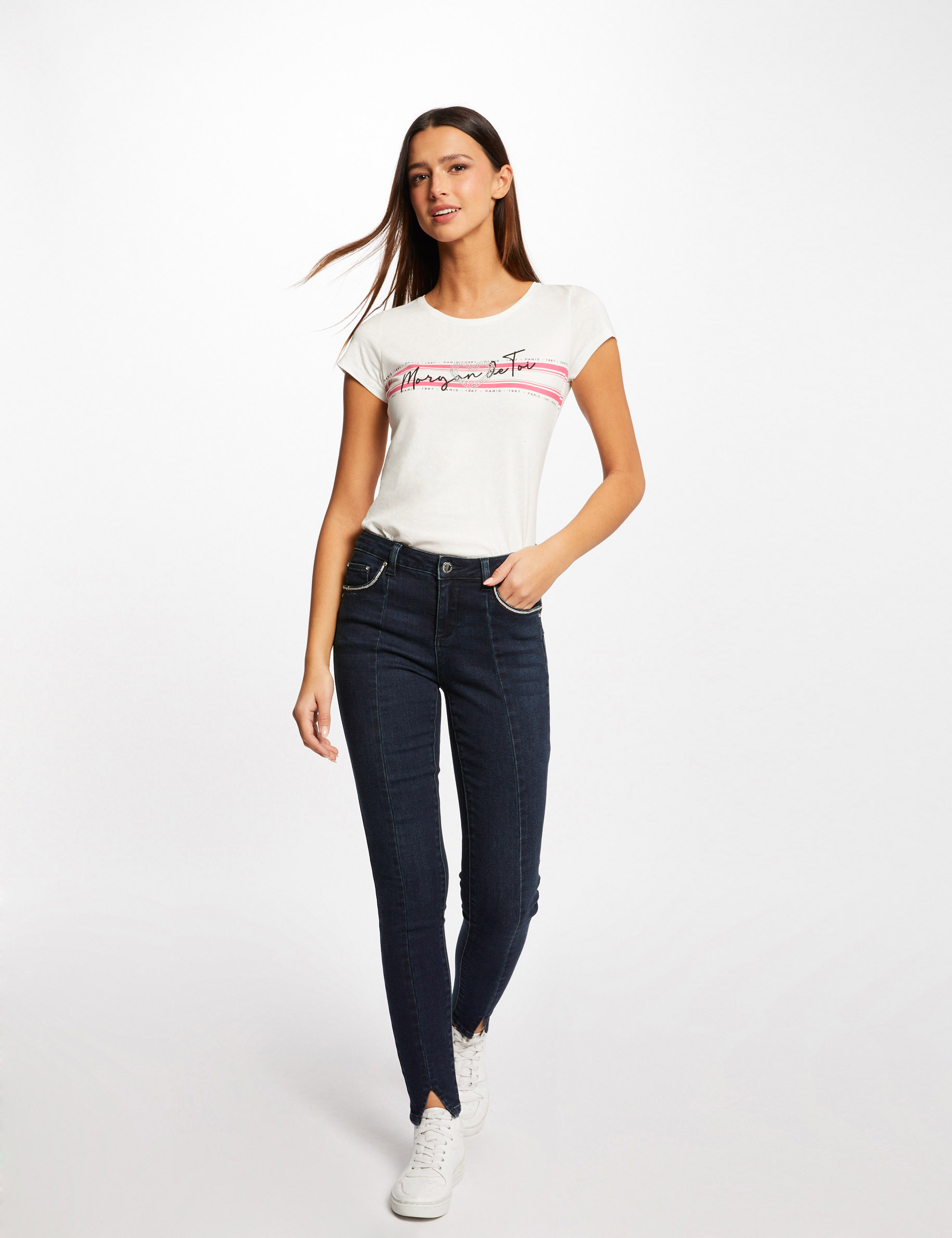 T-shirt manches courtes à inscription fuchsia femme