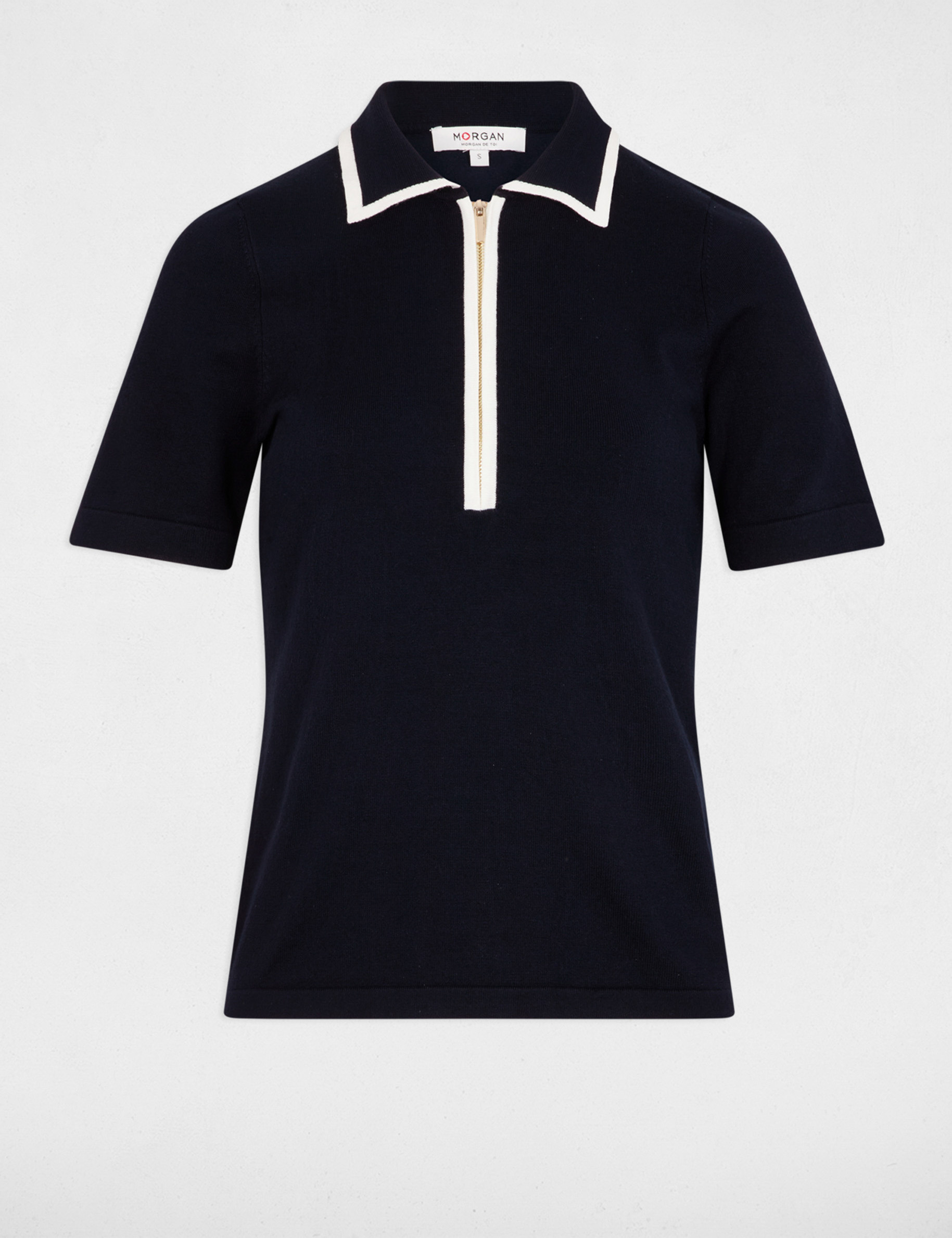 Pull col polo zippé bleu marine femme