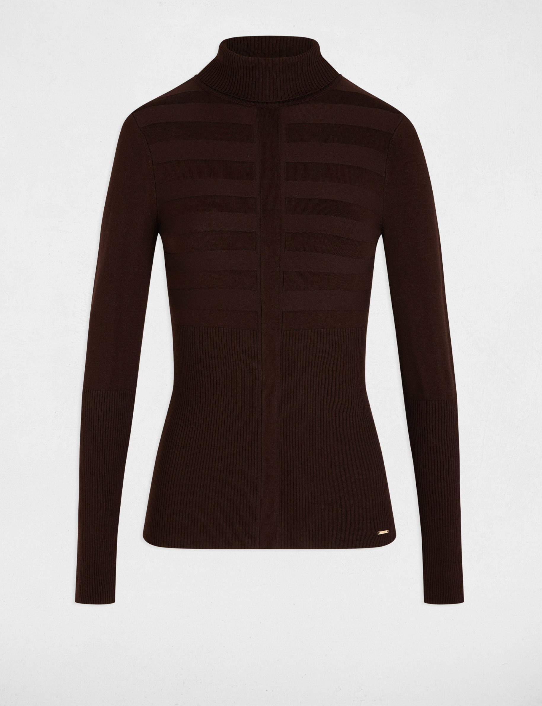 Pull col roul&eacute; ajust&eacute; marron fonc&eacute; femme