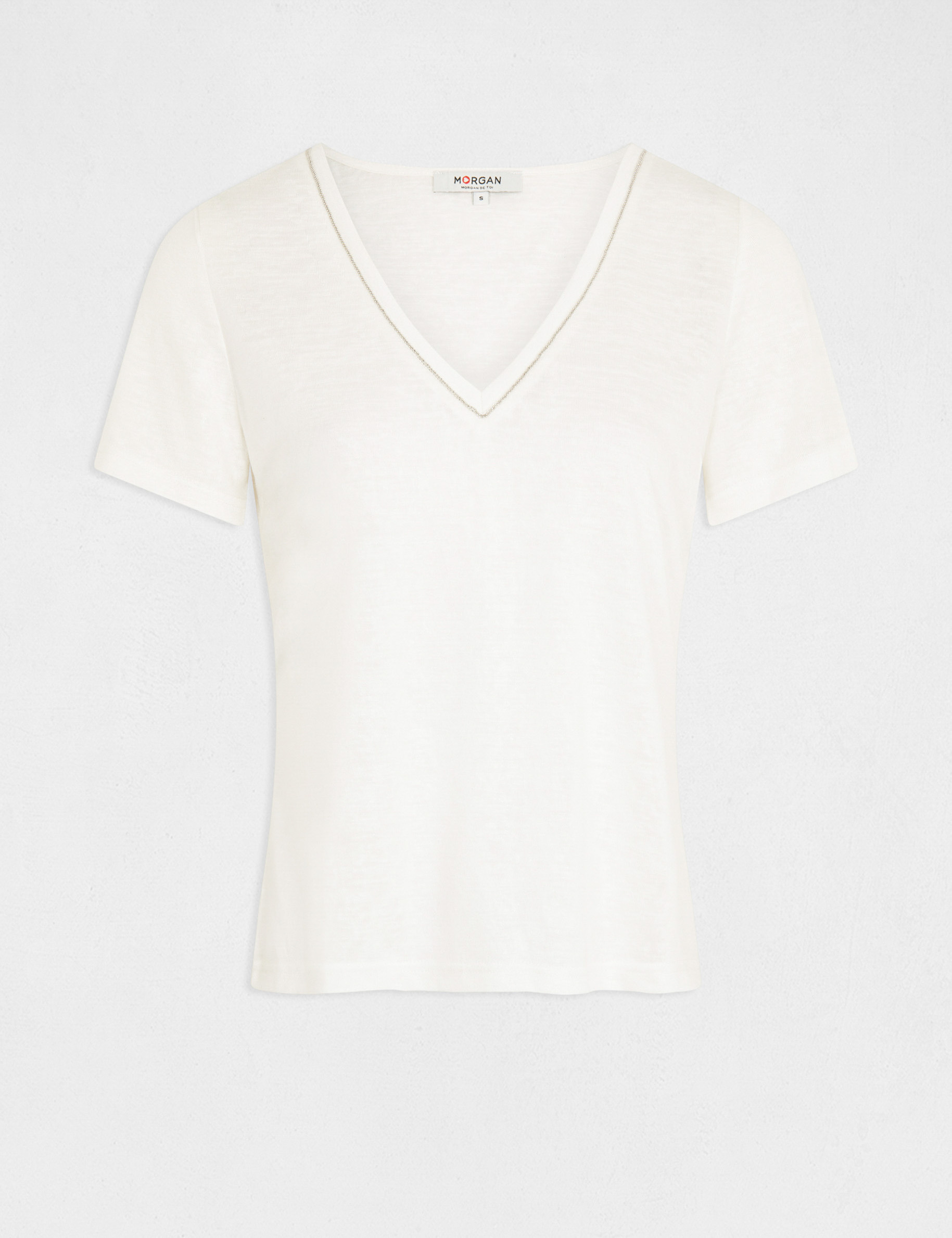 t shirt manches courtes a col en v ecru femme T-shirt manches courtes à col en V ecru femme