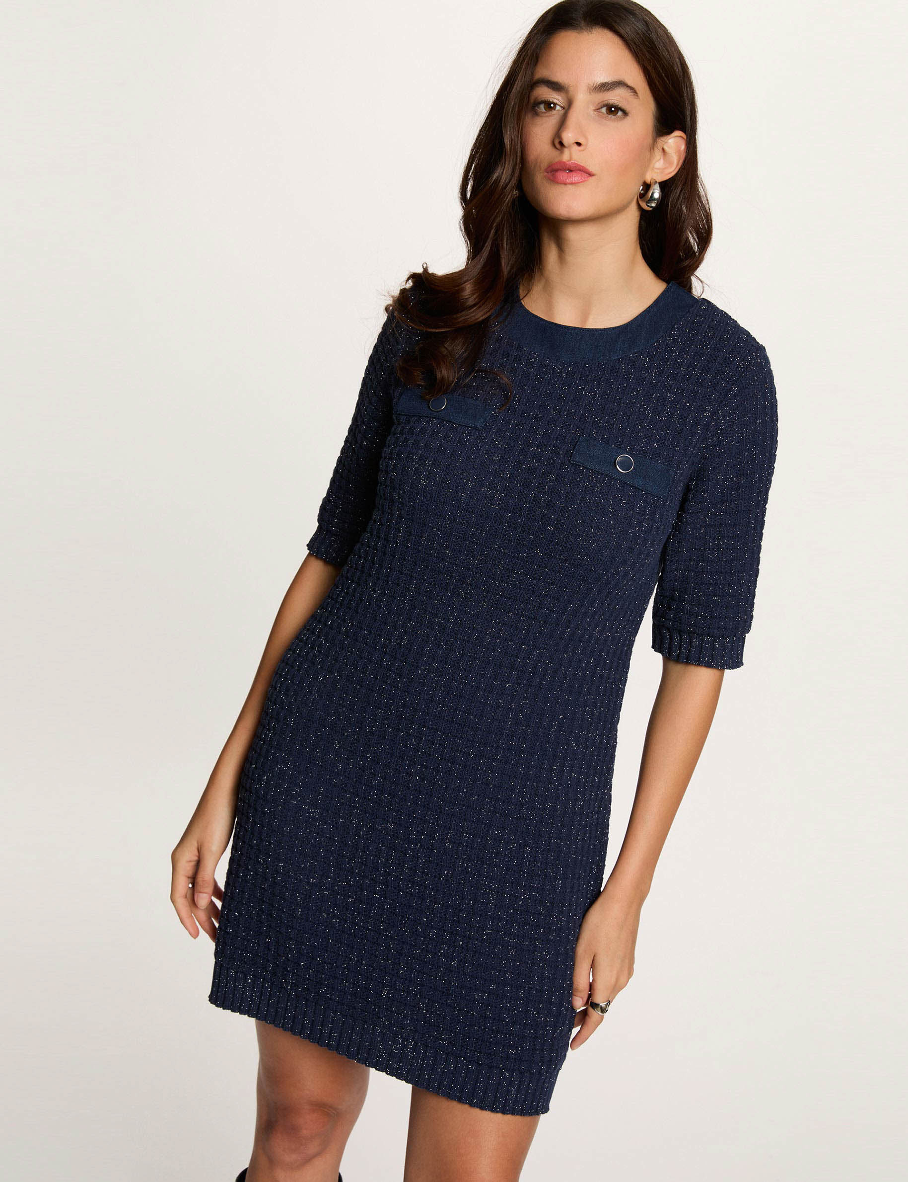 Robe tricot col rond bleu marine femme