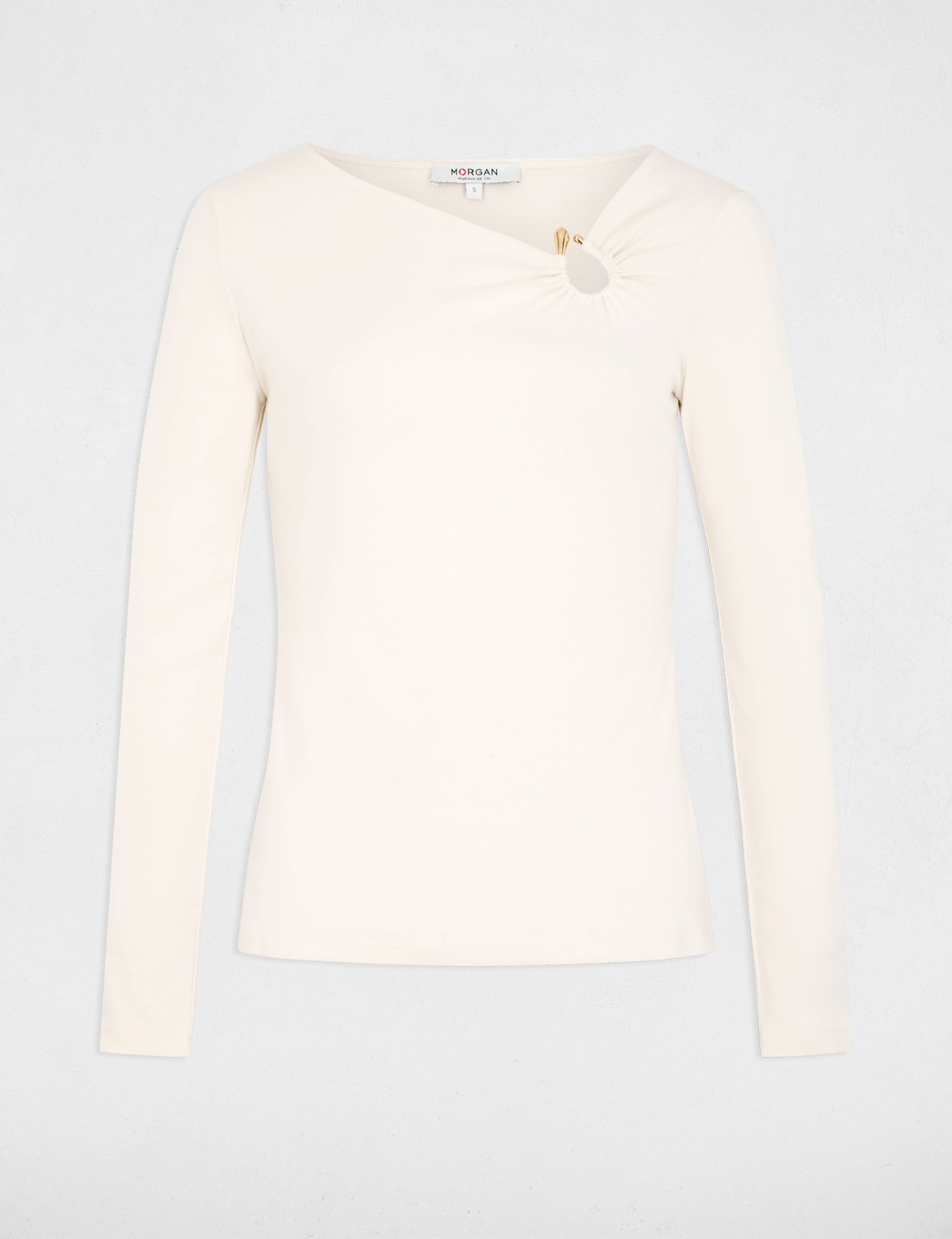 T-shirt d&eacute;collet&eacute; manches longues ivoire femme