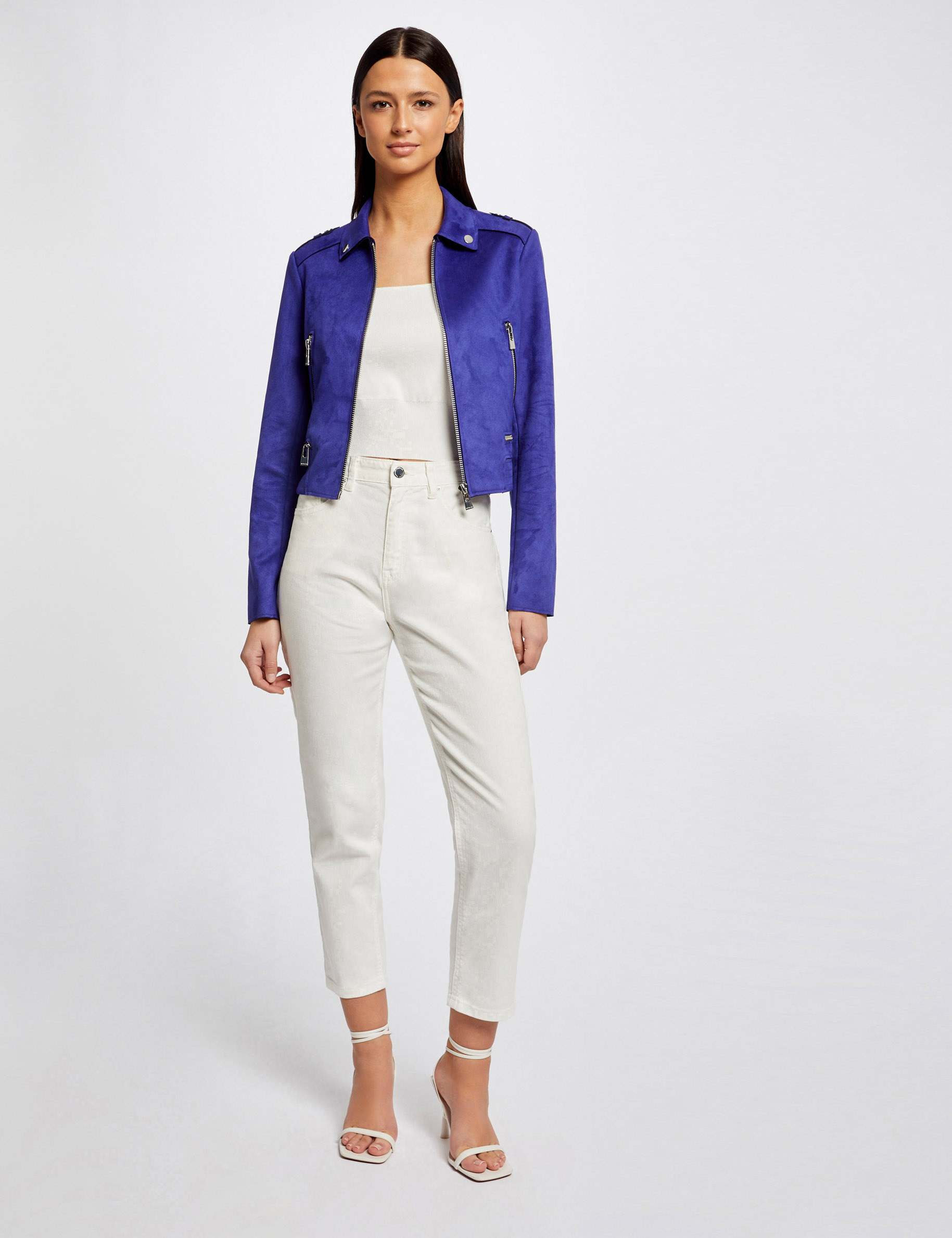 blouson droit aspect suedine bleu moyen femme Blouson droit aspect suédine bleu moyen femme