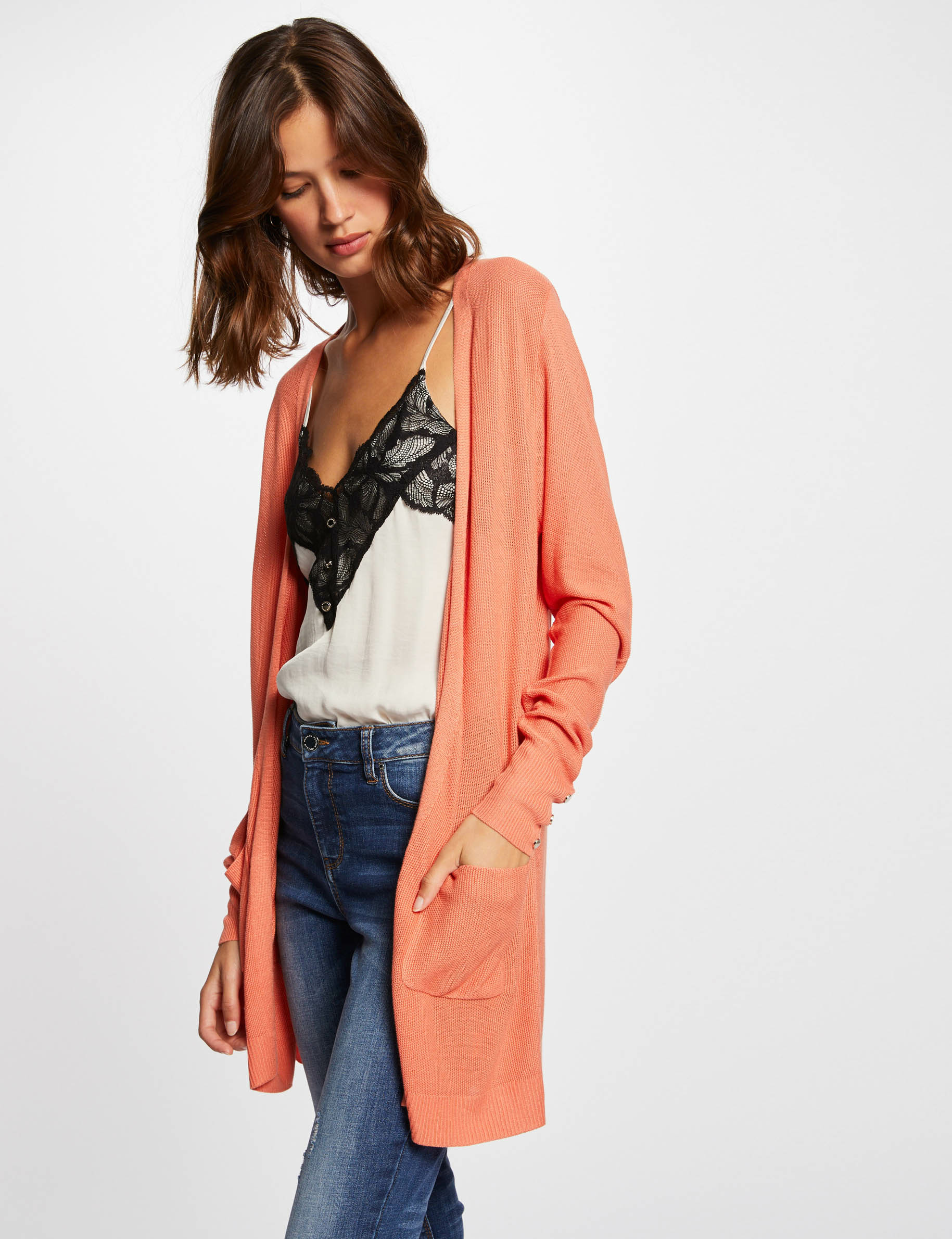 Gilet manches longues avec boutons orange femme Gilet manches longues avec boutons orange femme