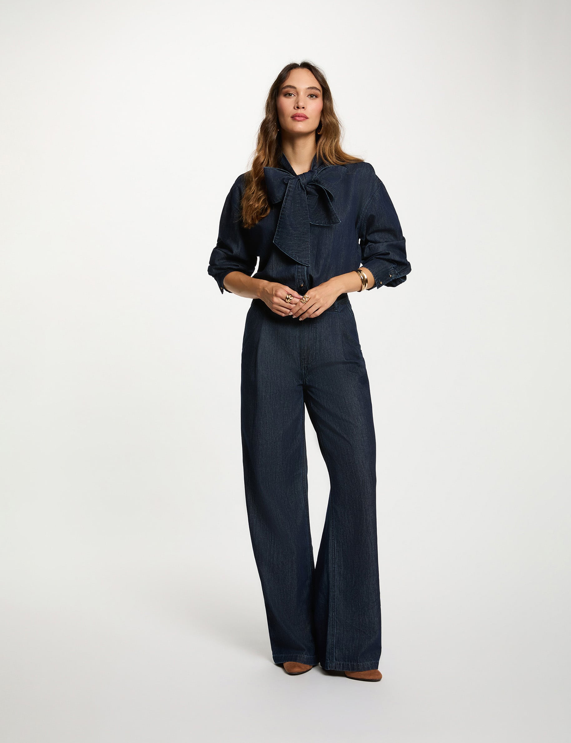 Pantalon large taille haute denim brut femme