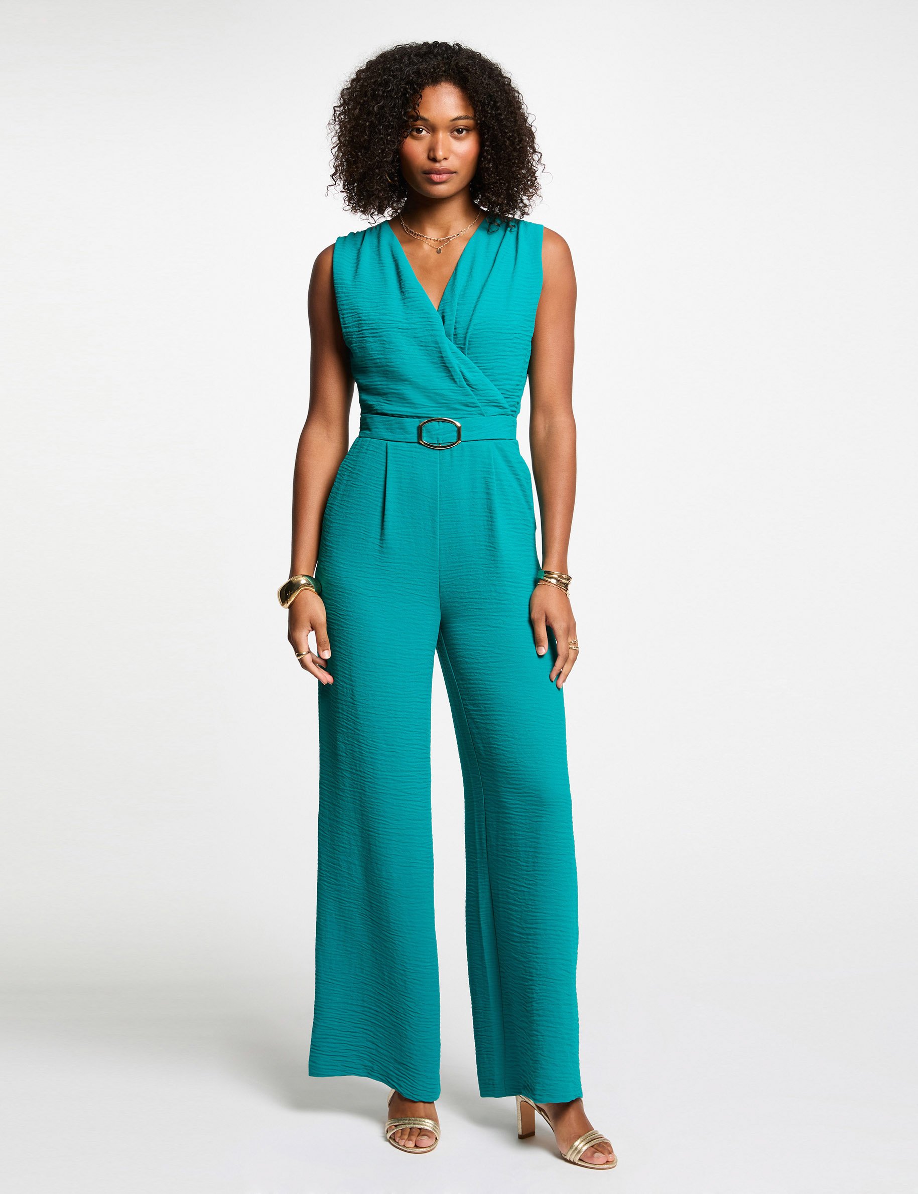 combinaison jambe large detail boucle bleu turquoise femme Combinaison jambe large détail boucle bleu turquoise femme