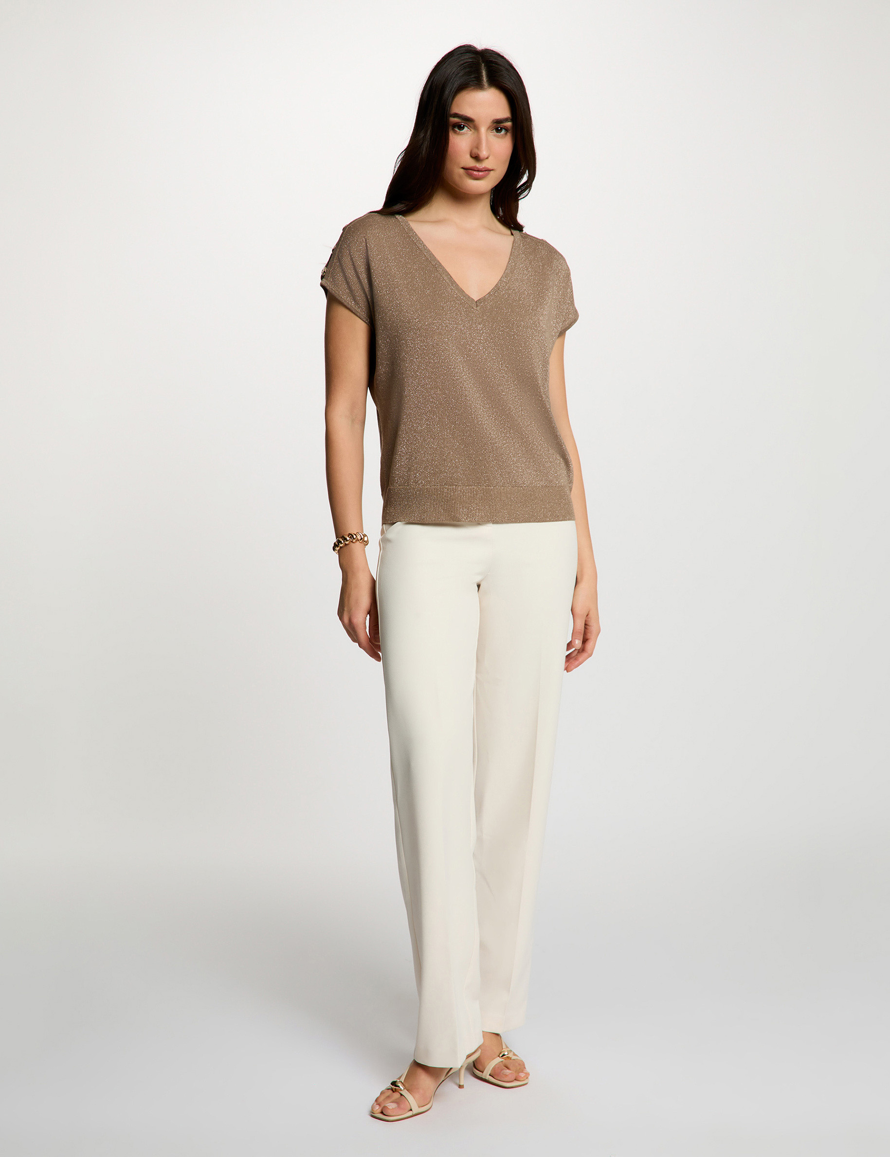 Pull oversize col v taupe femme
