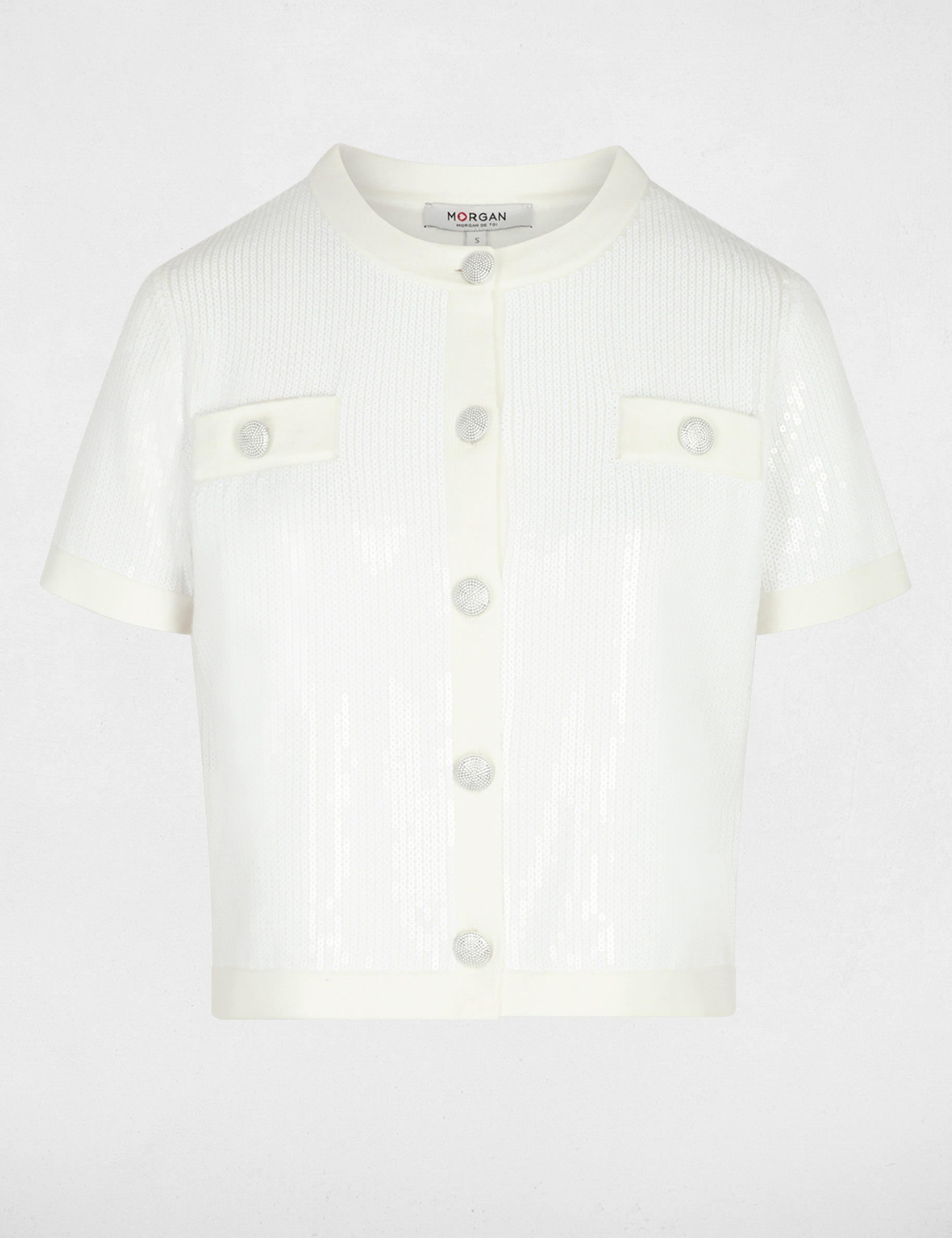 Gilet col rond sequins blanc femme