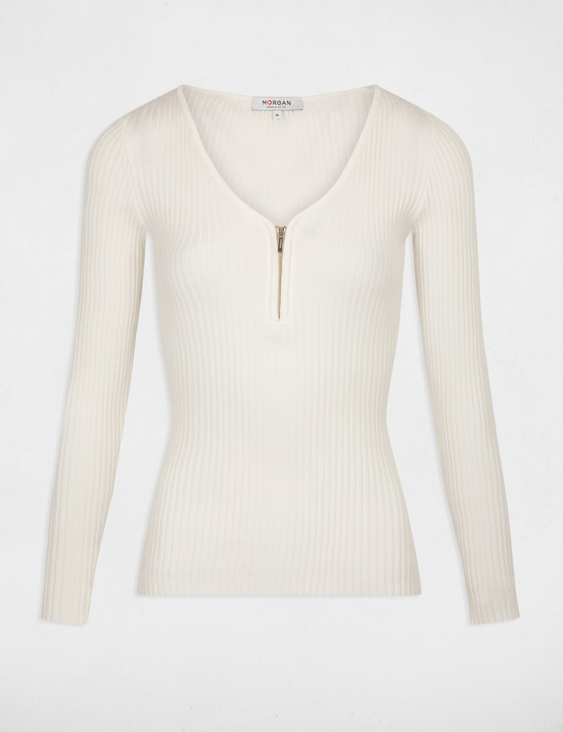 Pull manches longues tricotage en c&ocirc;te ecru femme