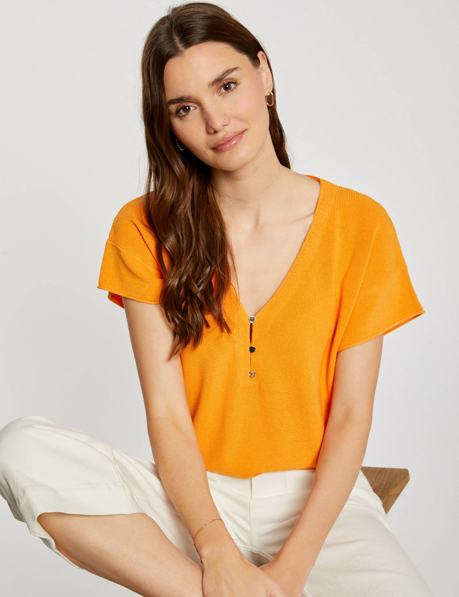 pull col en v manches courtes orange femme Pull col en V manches courtes orange femme