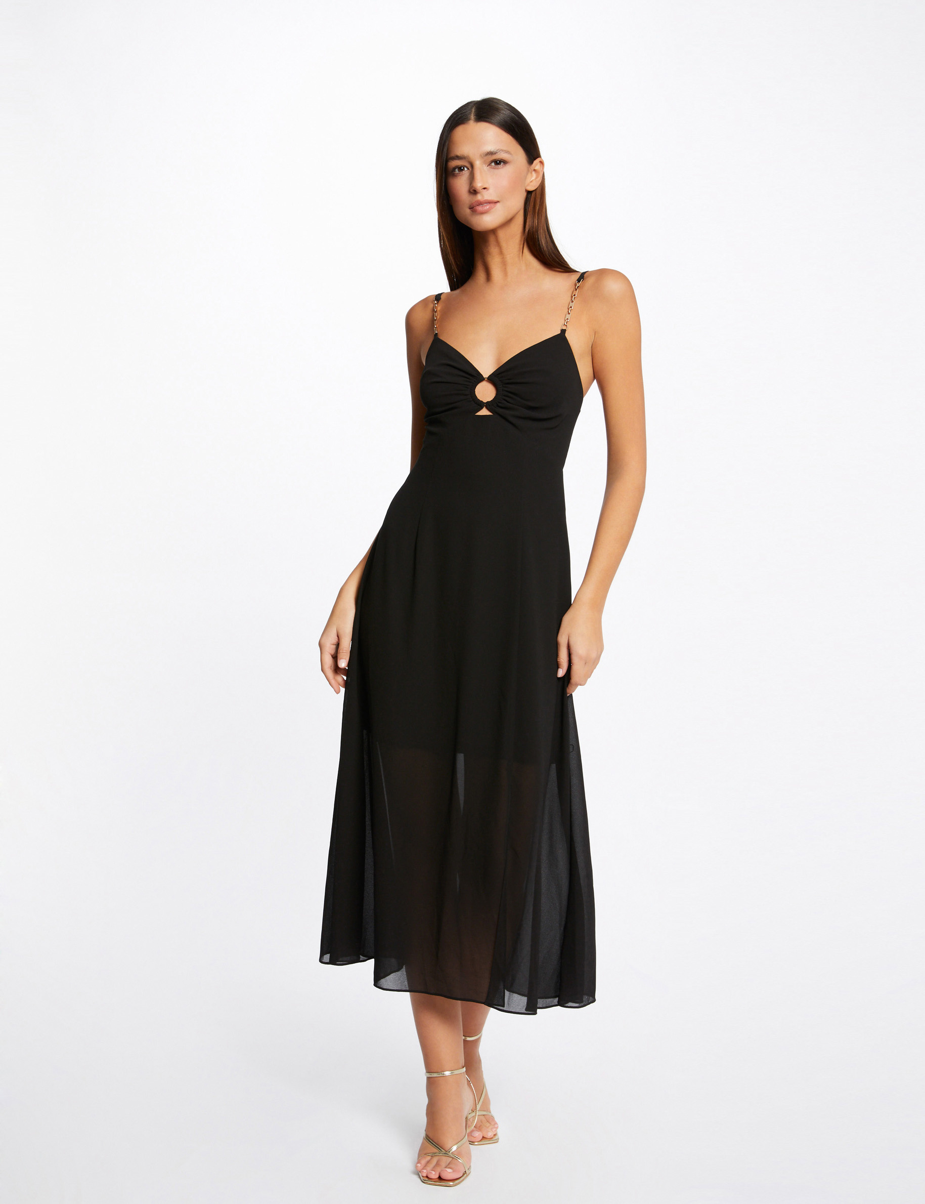 Robe midi évasée bretelles chaînes noir femme