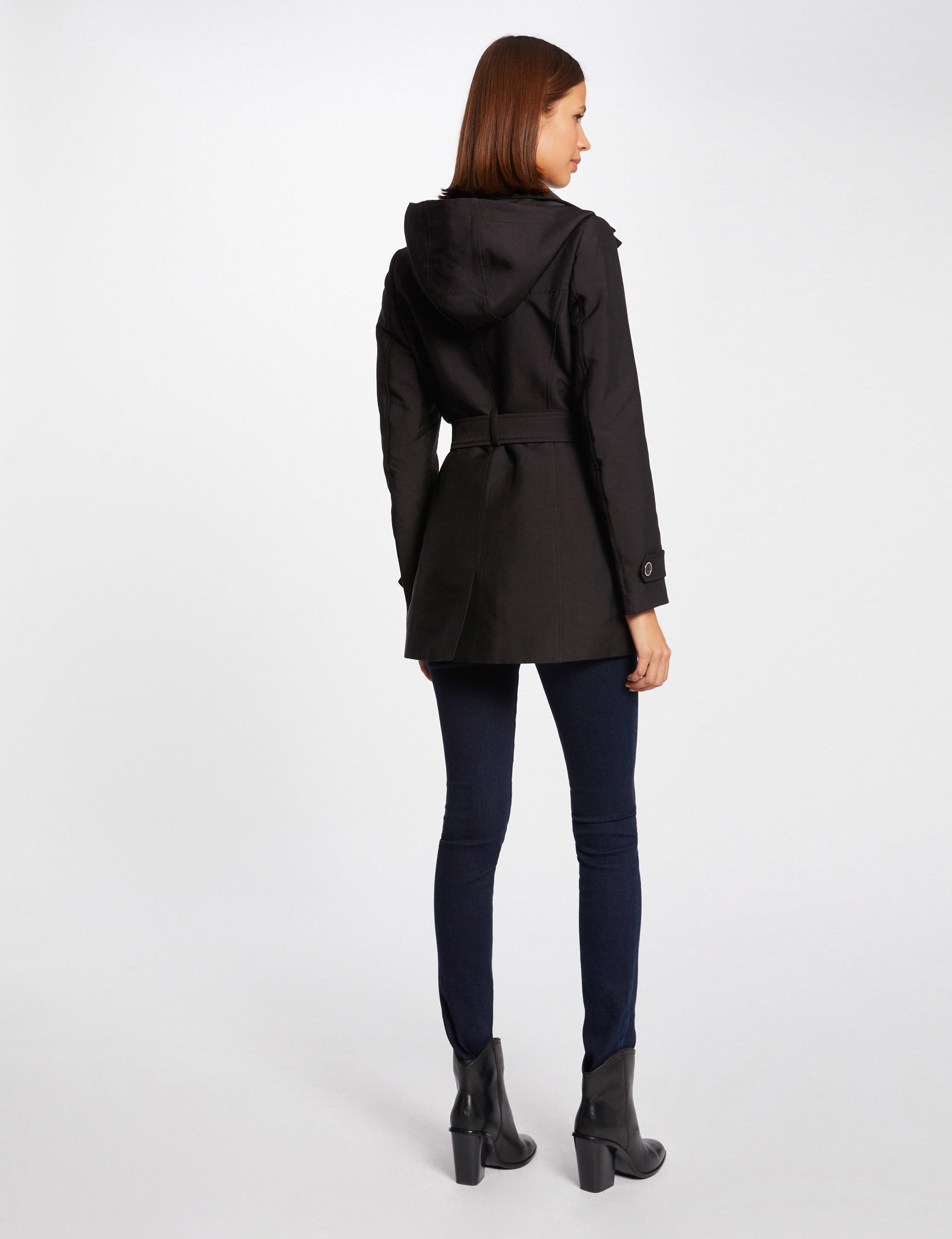 trench droit ceinture a capuche noir femme Trench droit ceinturé à capuche noir femme