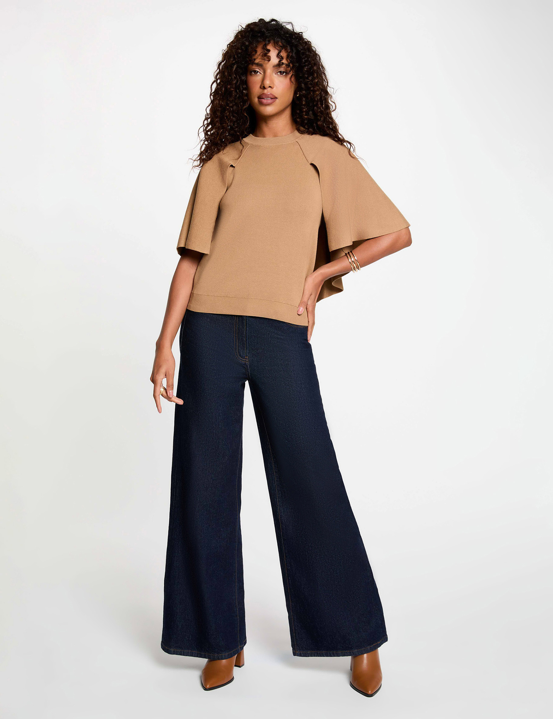 Pull col rond manches &eacute;vas&eacute;es beige femme