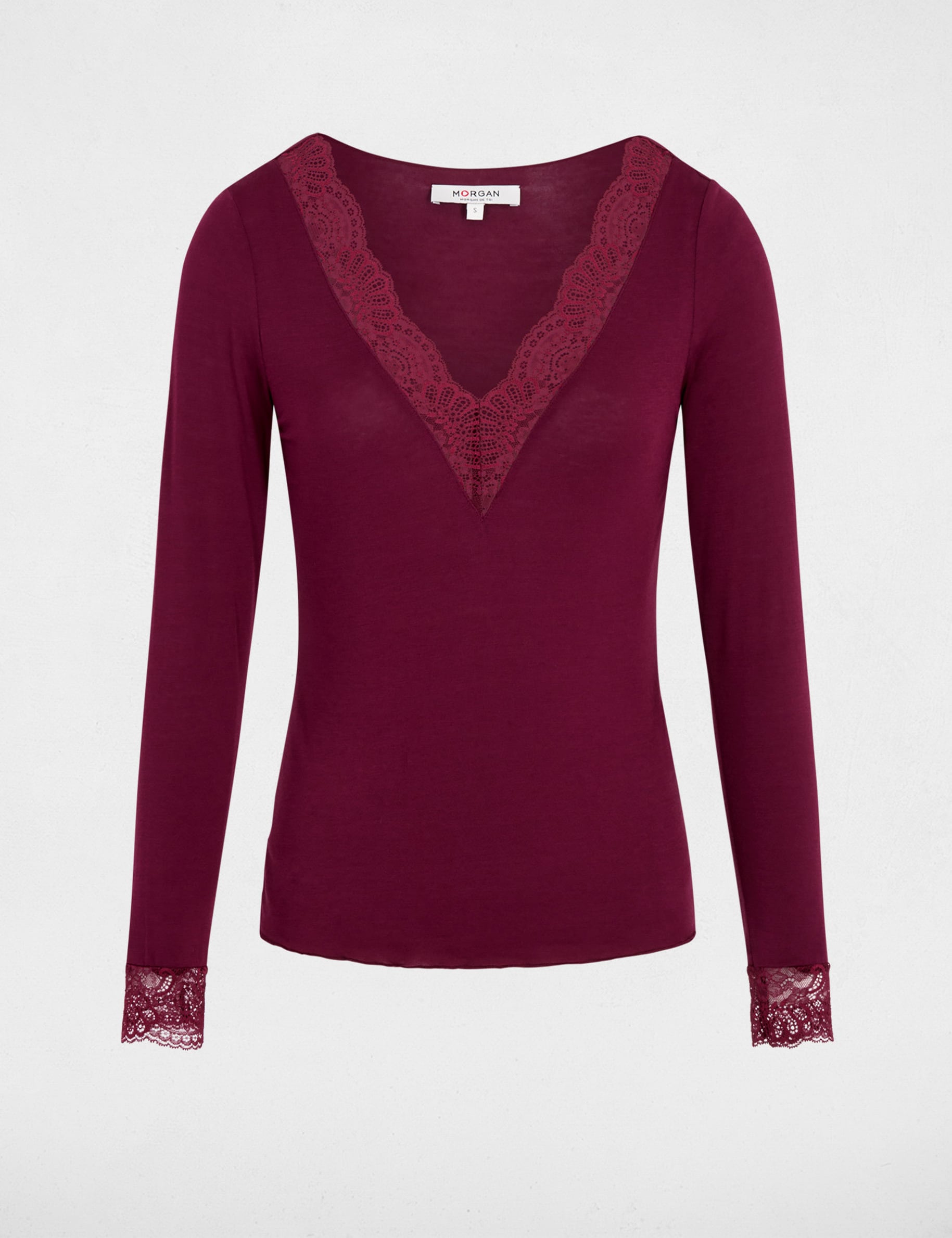 T-shirt col v dentelle prune femme