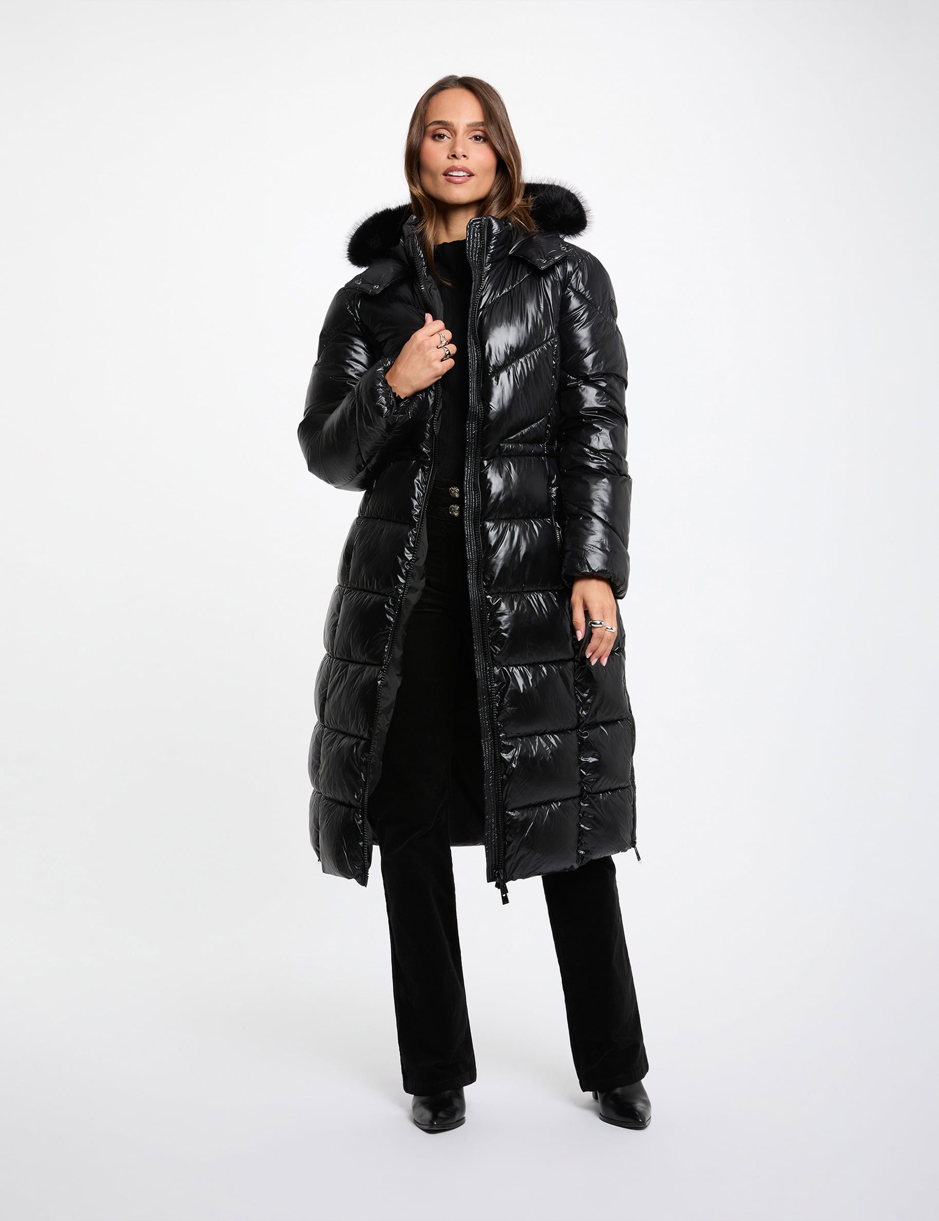 Doudoune longue fausse fourrure noir femme