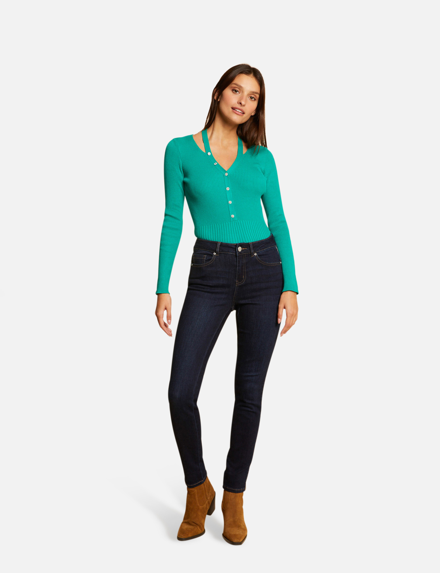 Pull manches longues avec boutons vert moyen femme Pull manches longues avec boutons vert moyen femme