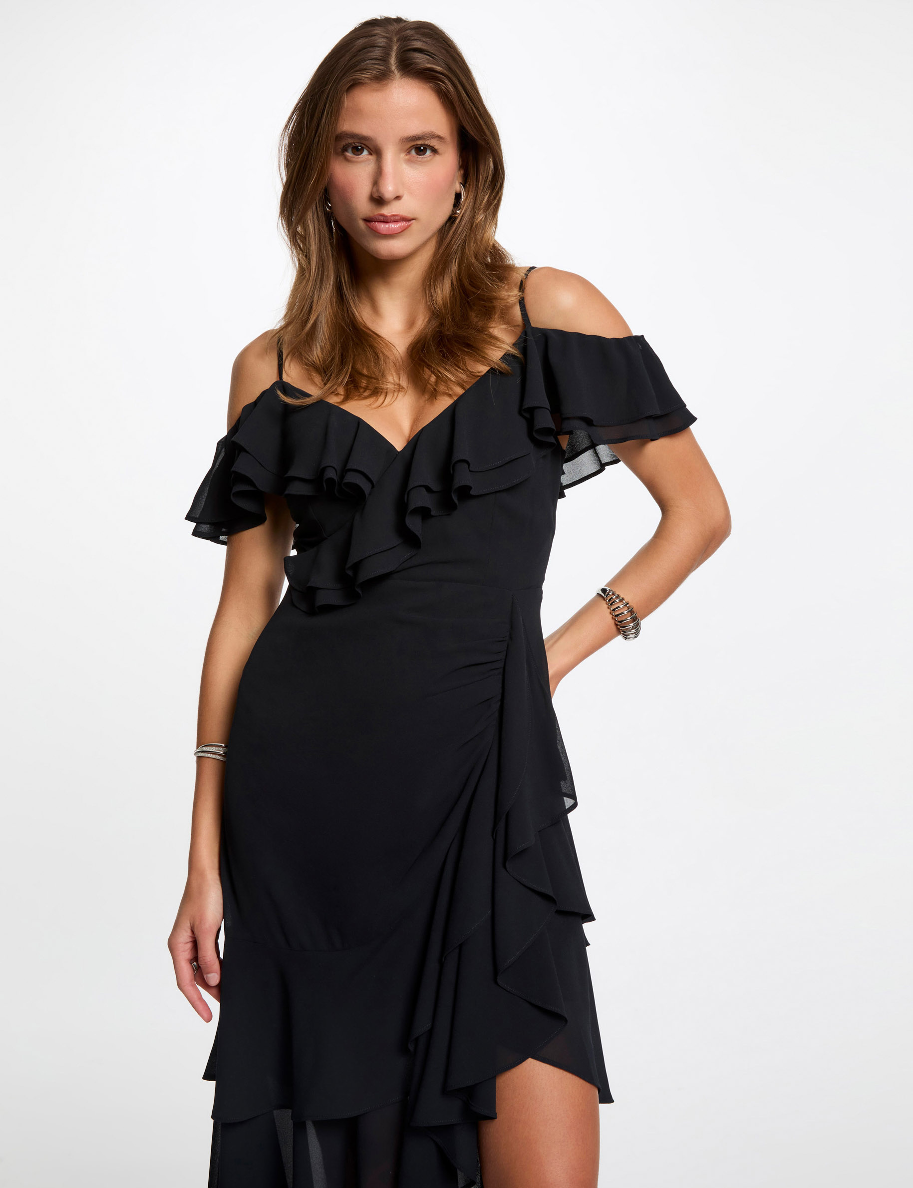 robe midi droite volants bleu marine femme Robe midi droite volants bleu marine femme