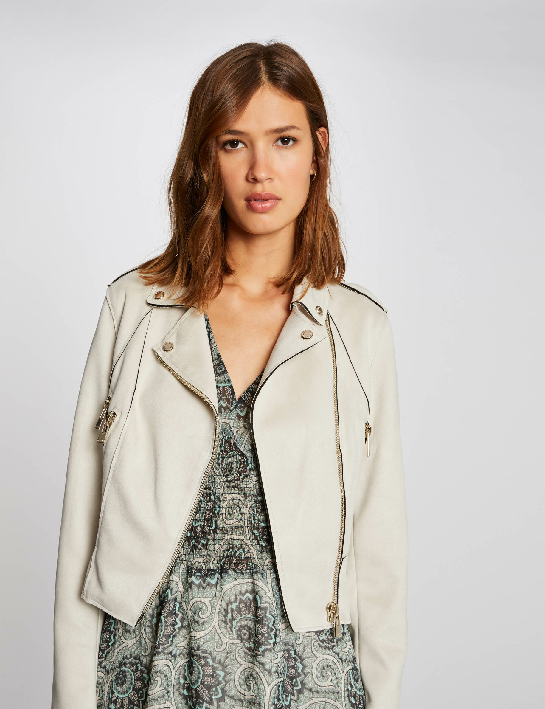 blouson droit effet suedine ivoire femme Blouson droit effet suédine ivoire femme