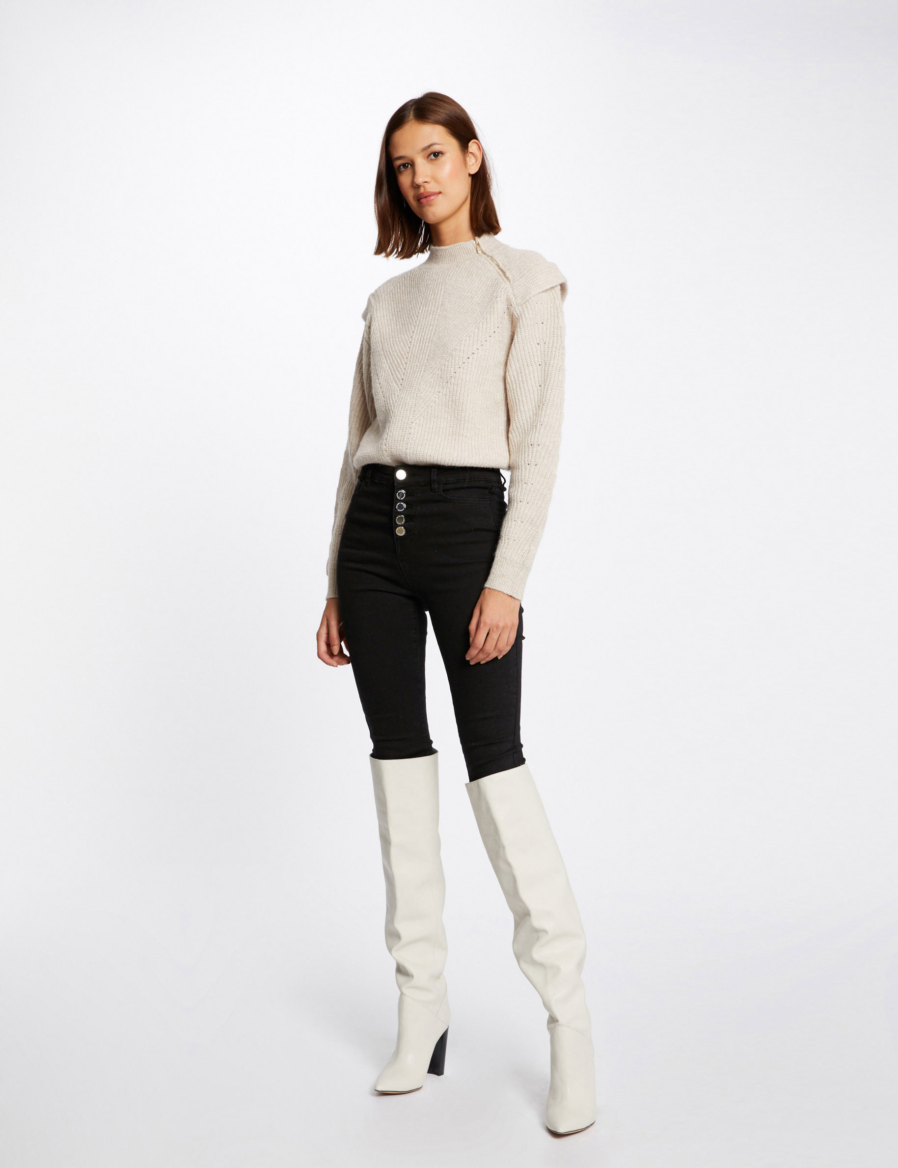Pull manches longues à col montant beige femme Pull manches longues à col montant beige femme