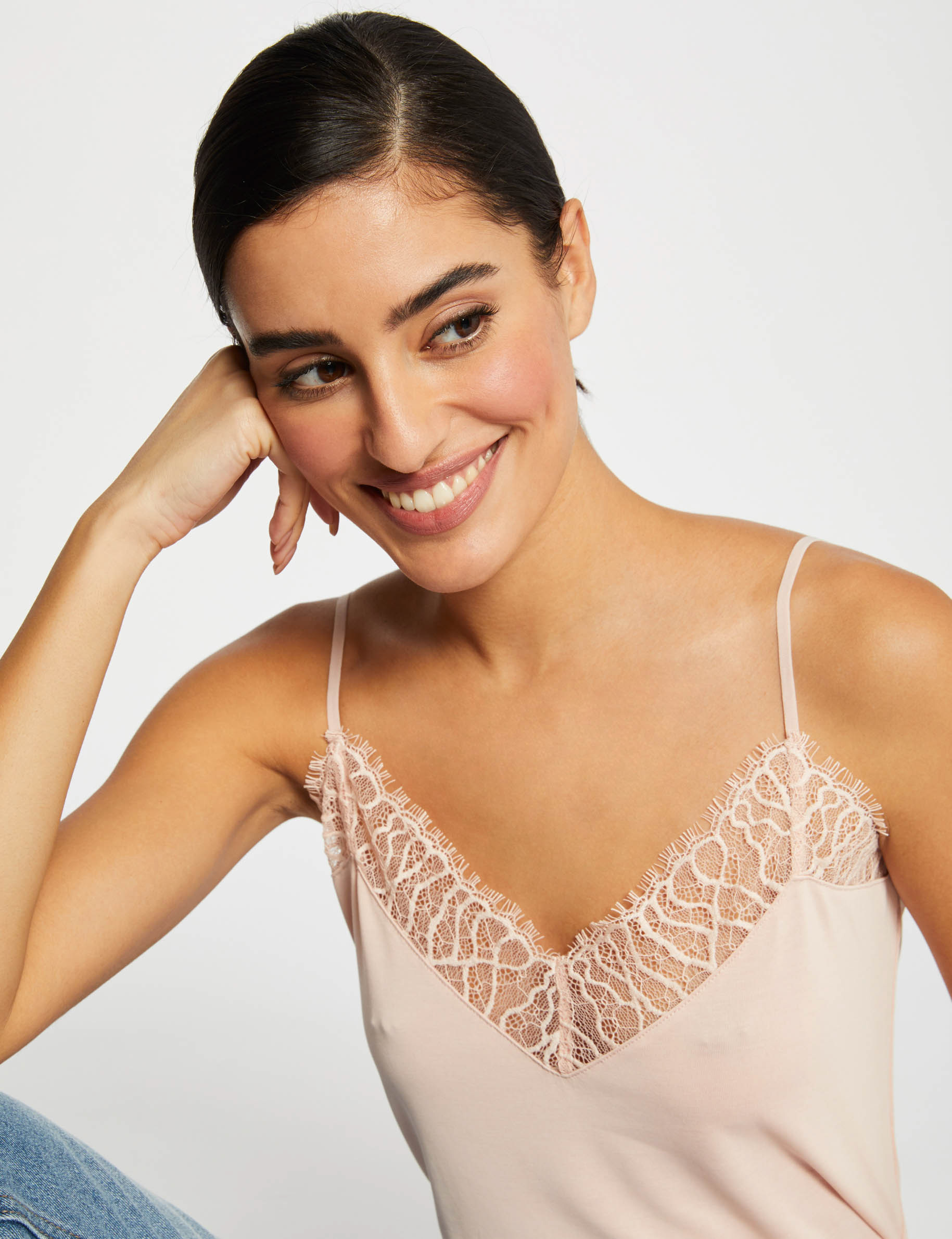 D bardeur bretelles fines avec dentelle rose pale femme Morgan