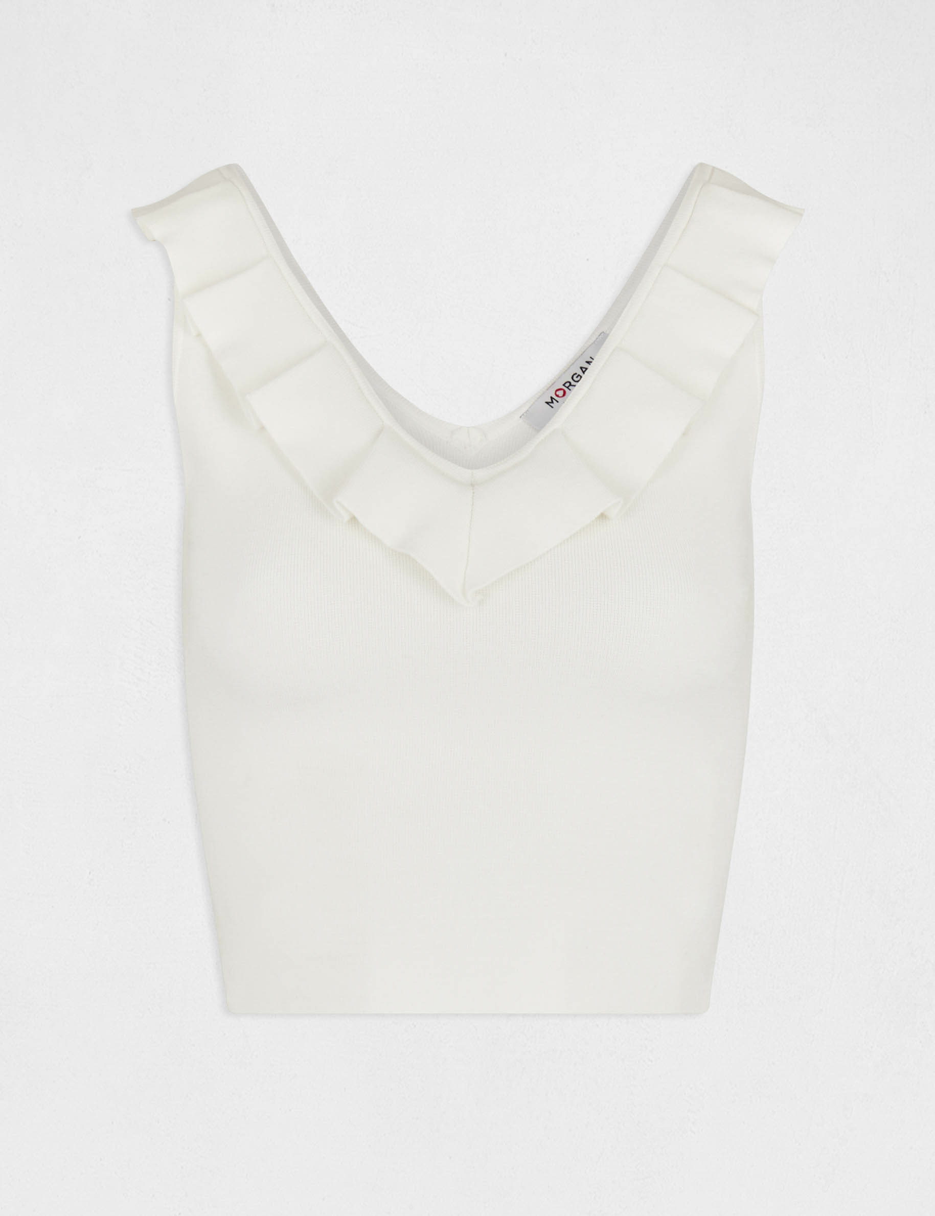 Débardeur pull col à volants ecru femme Débardeur pull col à volants ecru femme