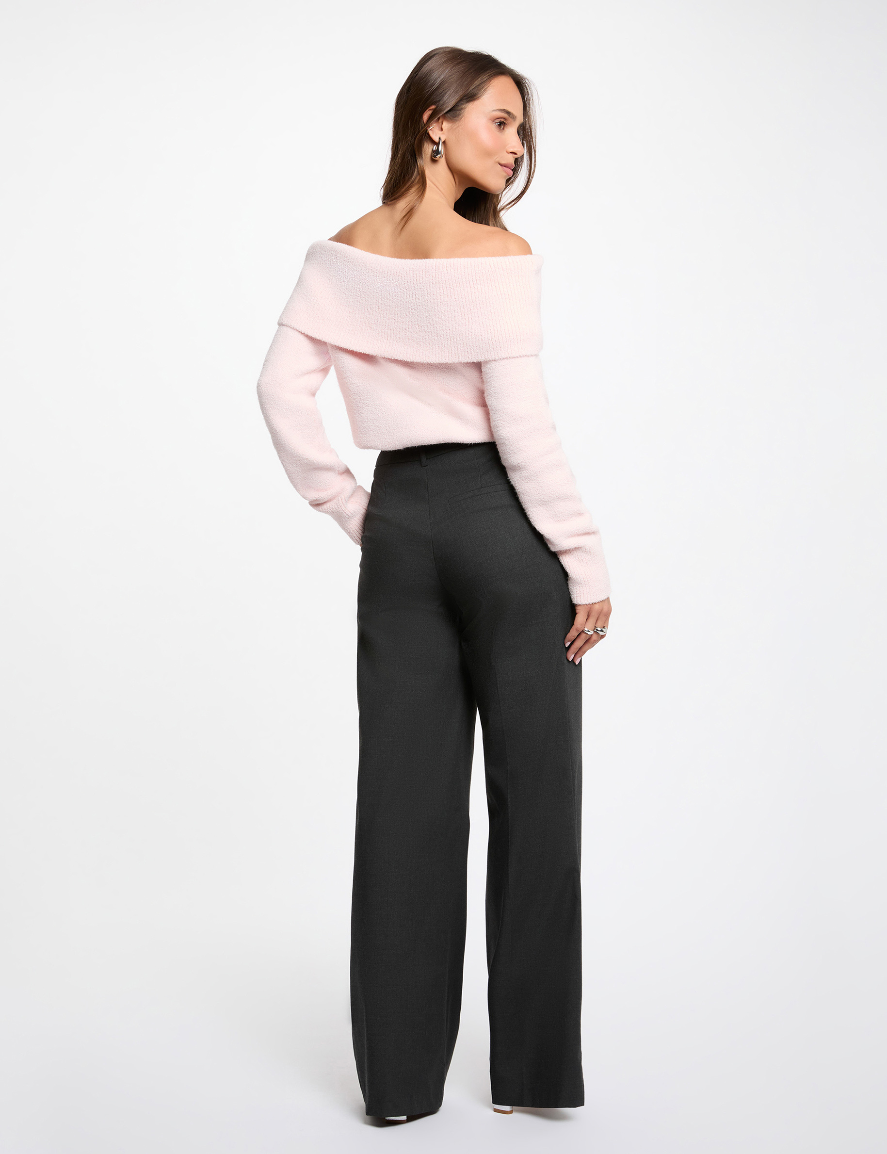 Pull col bardot rose clair femme
