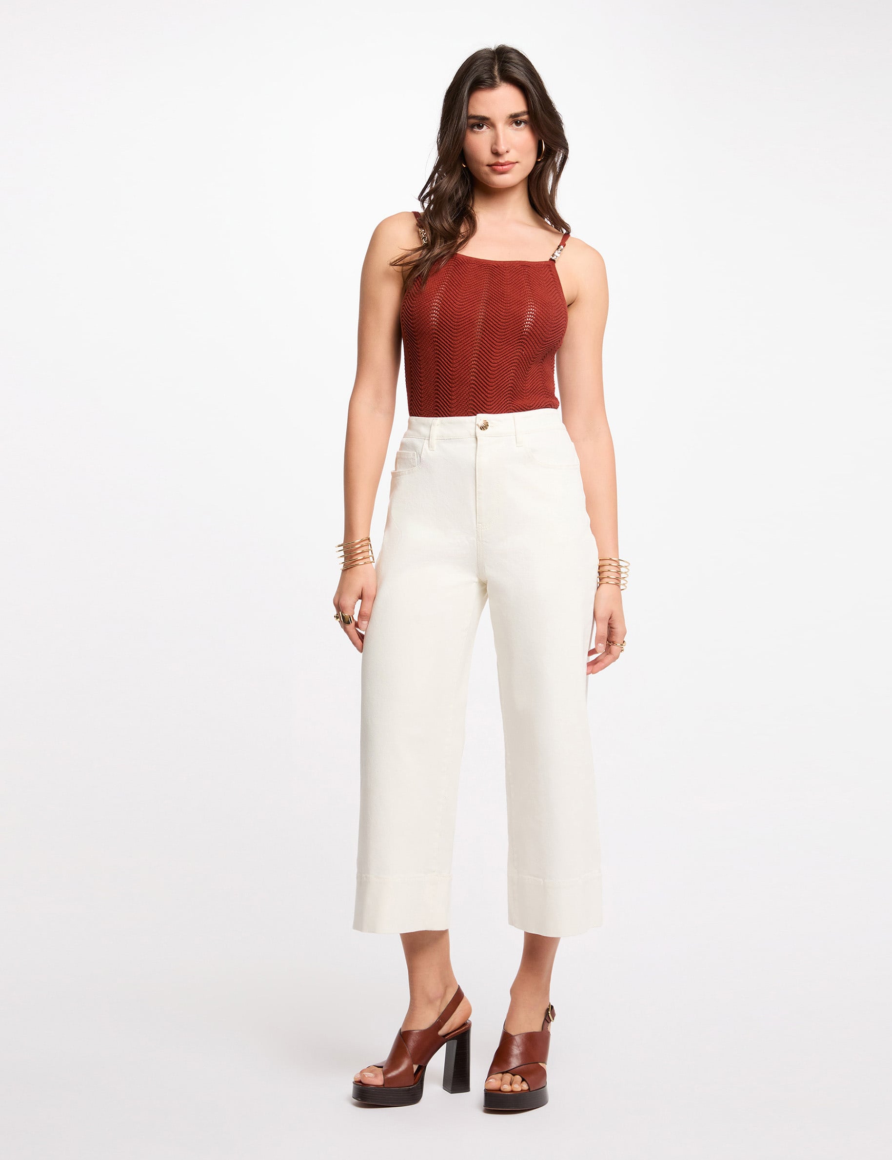 Top maille bretelles fines marron cognac femme