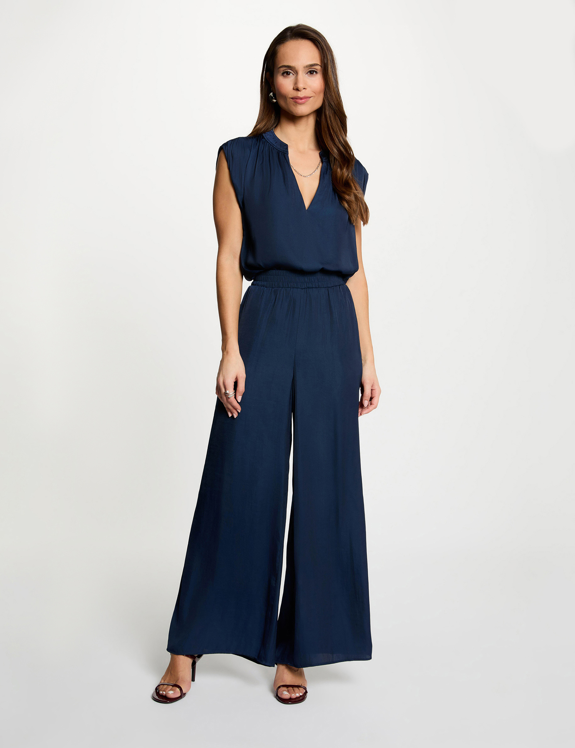 Blouse manches courtes satin bleu marine femme