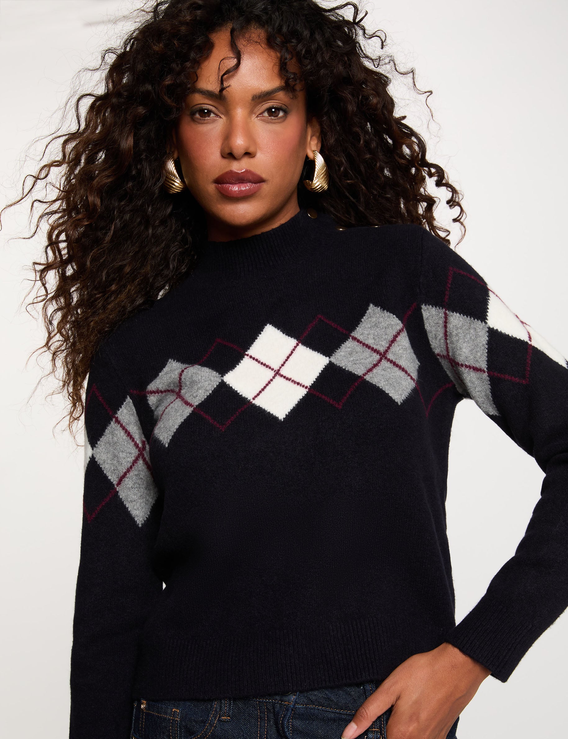 Pull jacquard col montant bleu marine femme