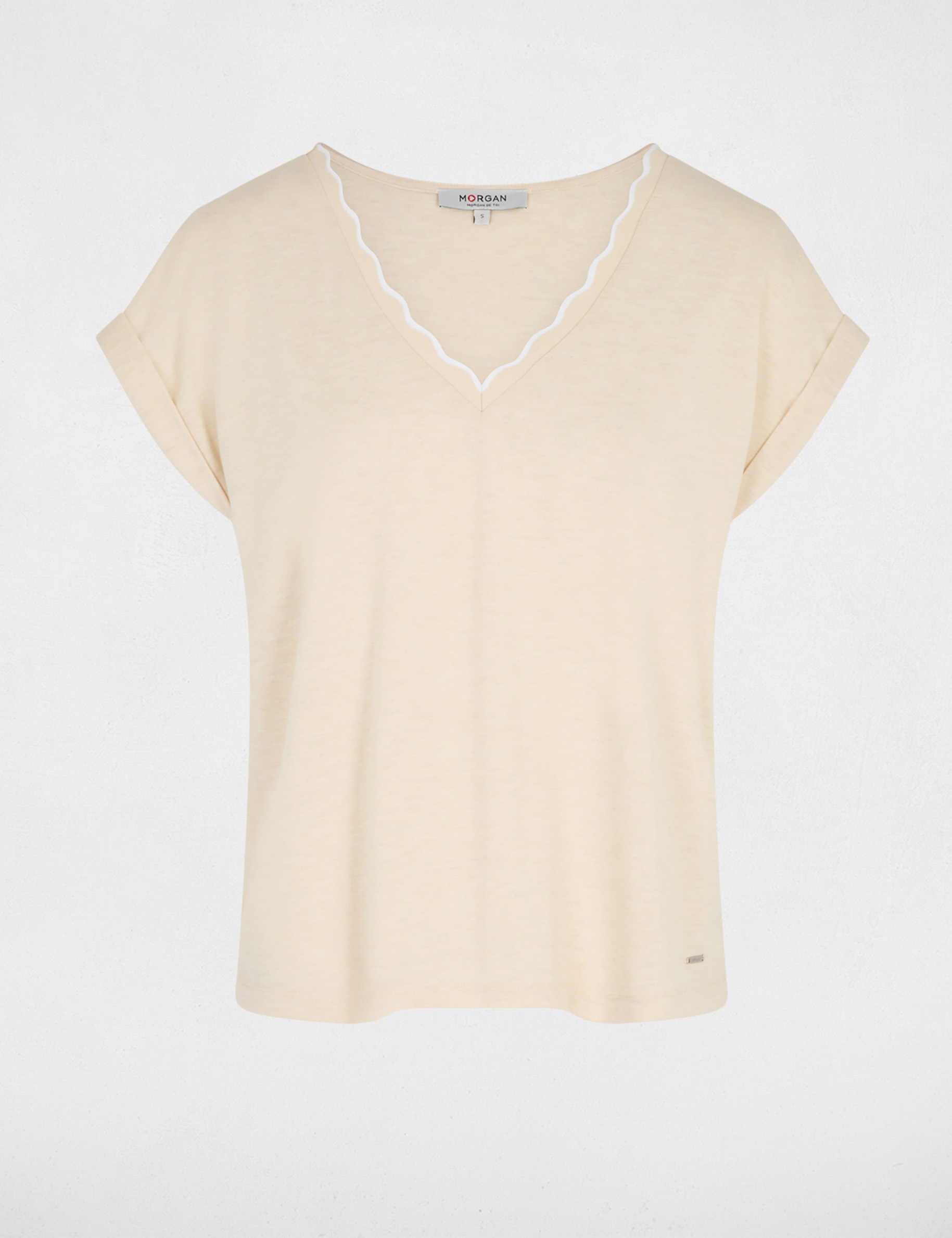 T-shirt col v manches courtes beige femme