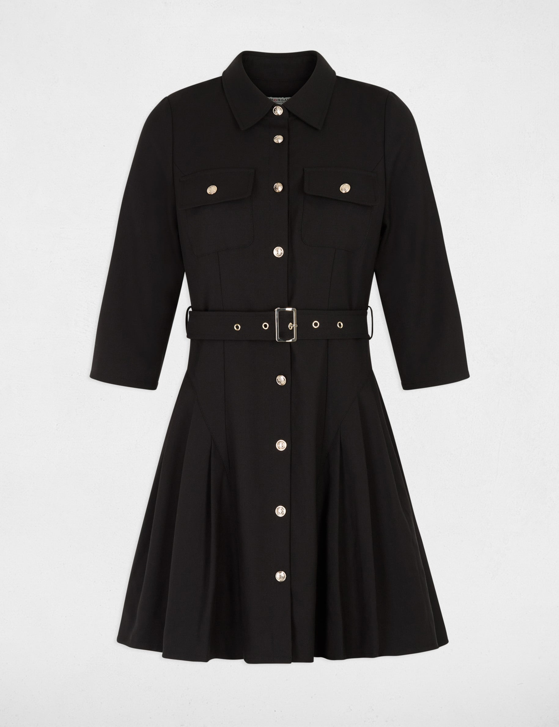 Robe ceintur&eacute;e col &agrave; revers noir femme