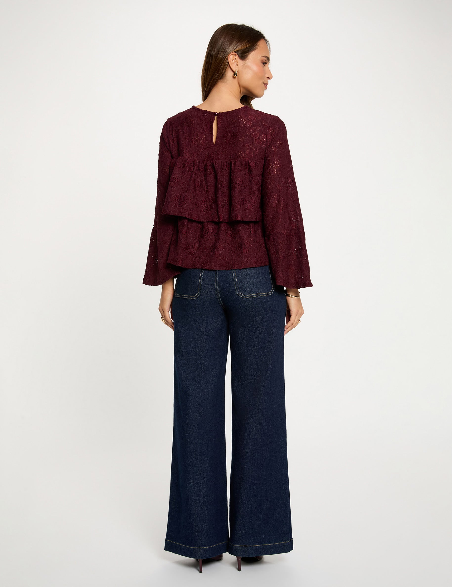 T-shirt dentelle volants bordeaux femme