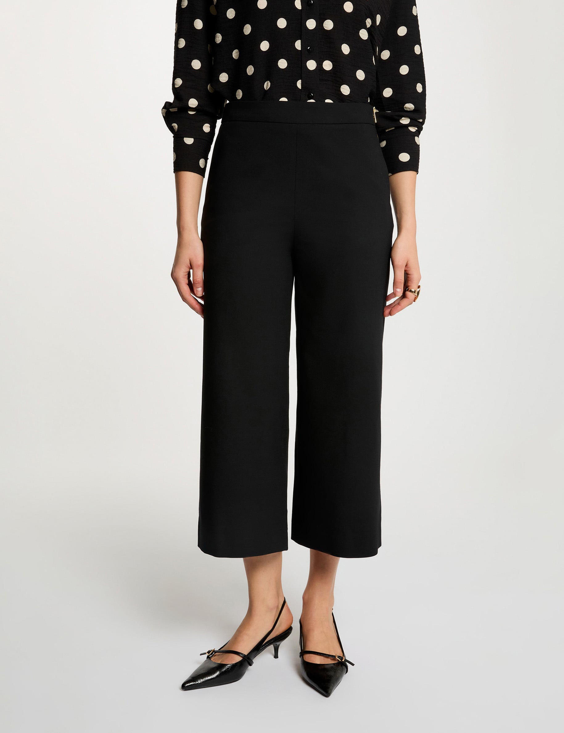 Pantacourt large taille haute noir femme
