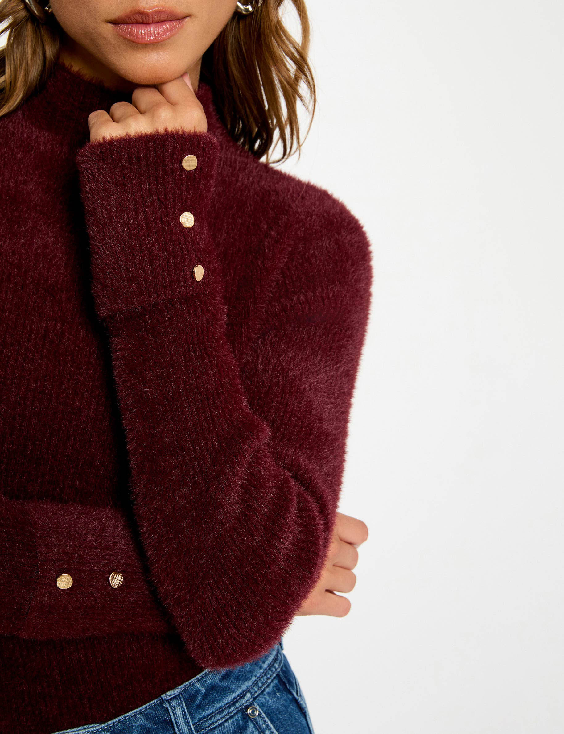 Pull manches longues maille duveteuse prune femme