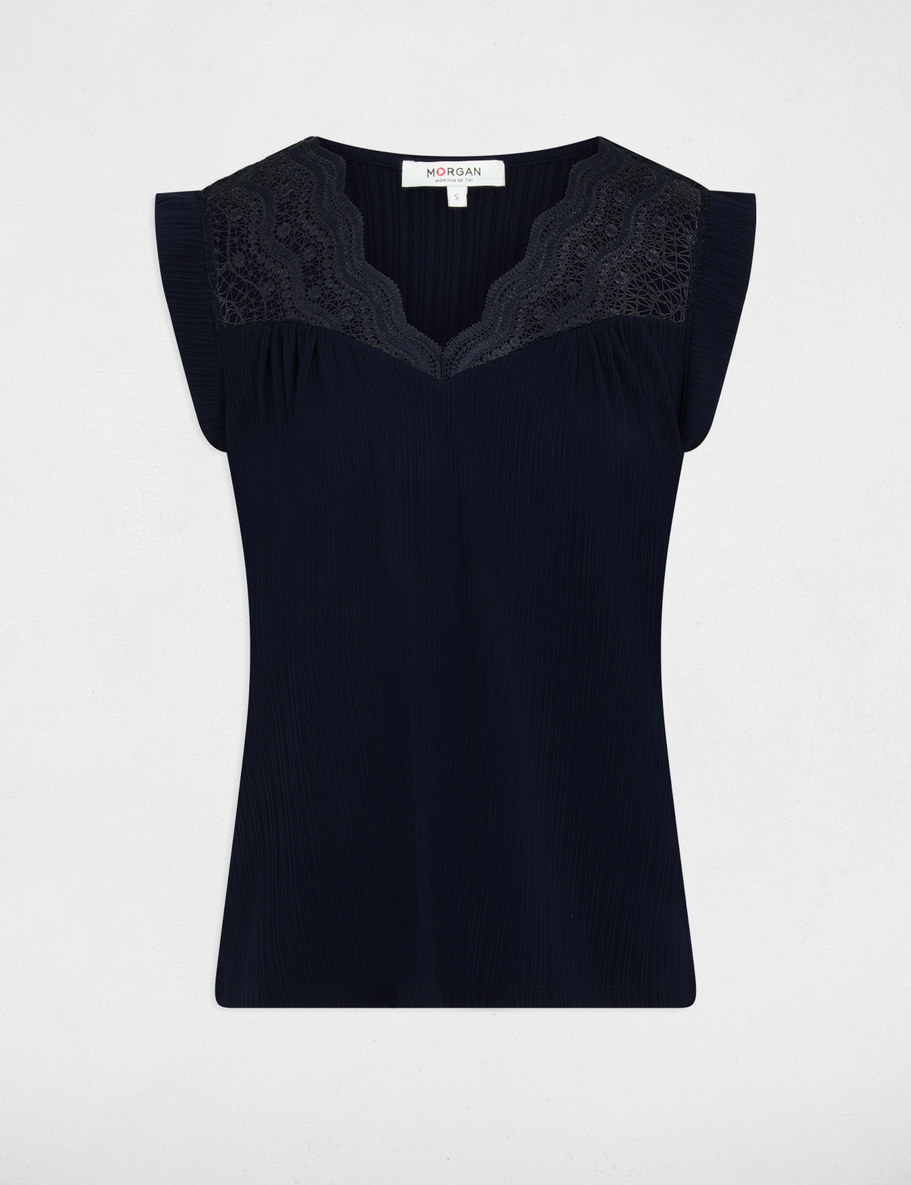 Top pliss&eacute; avec dentelle bleu marine femme
