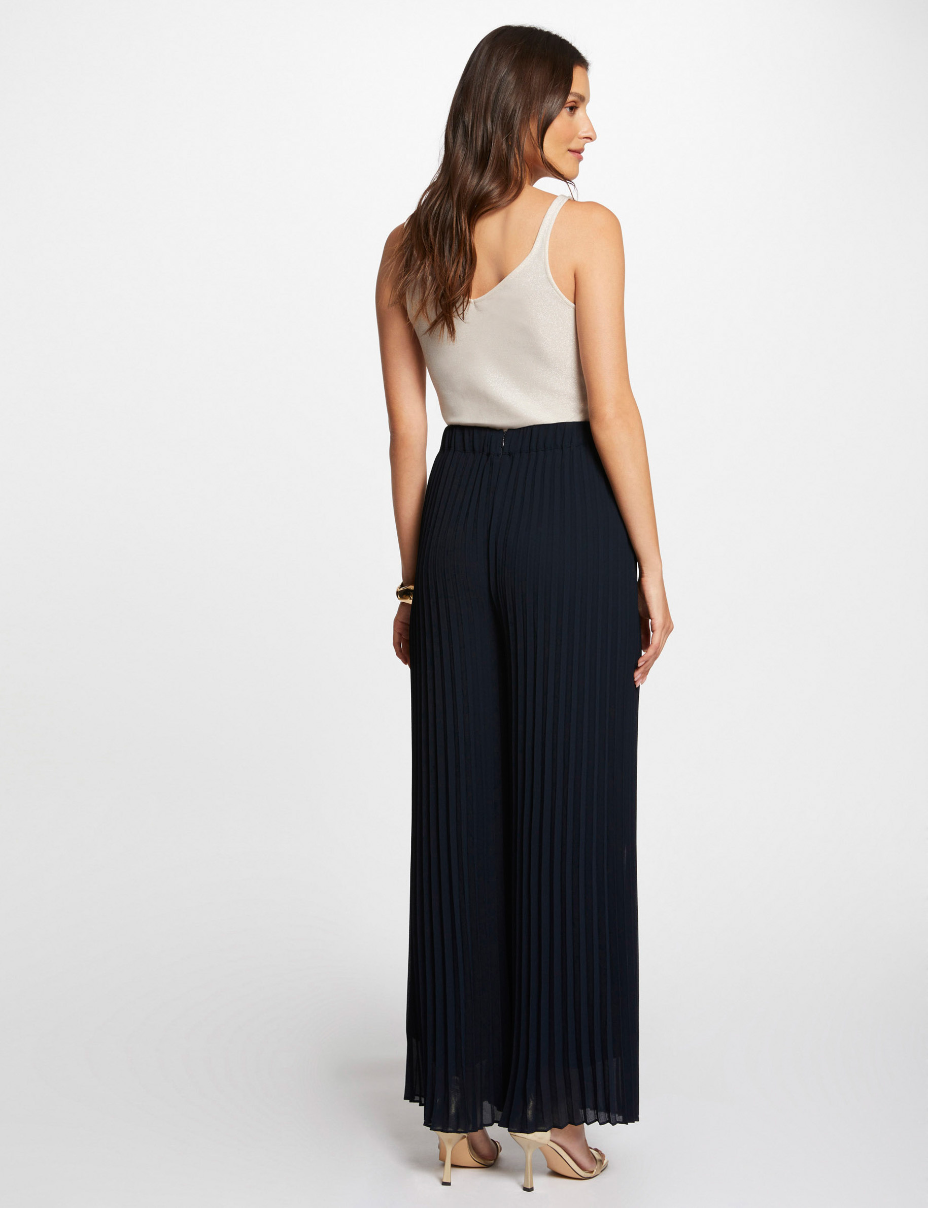 pantalon large fluide plisse bleu marine femme Pantalon large fluide plissé bleu marine femme
