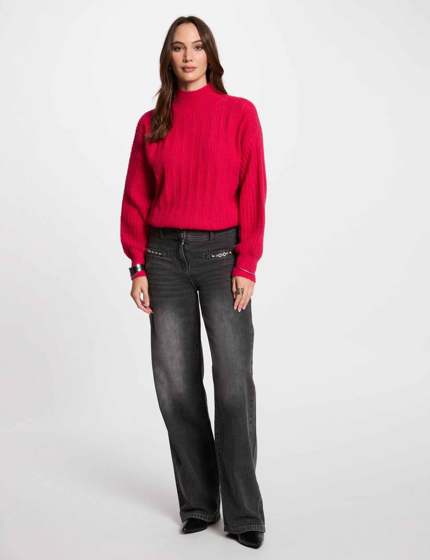 pull col montant rose framboise femme Pull col montant rose framboise femme