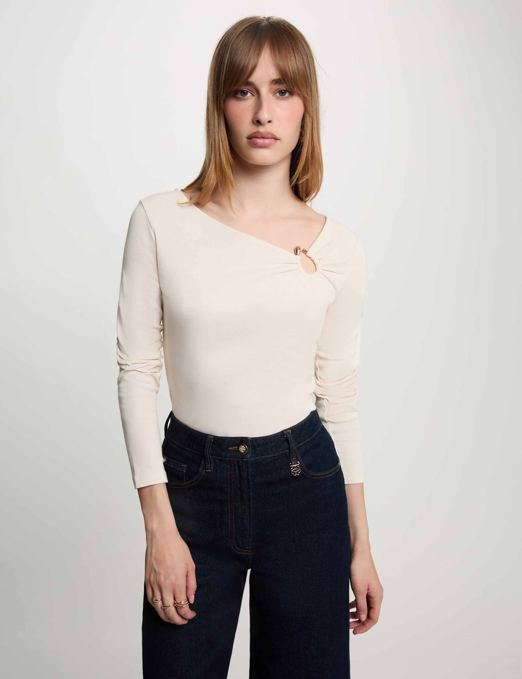 T-shirt d&eacute;collet&eacute; manches longues ivoire femme